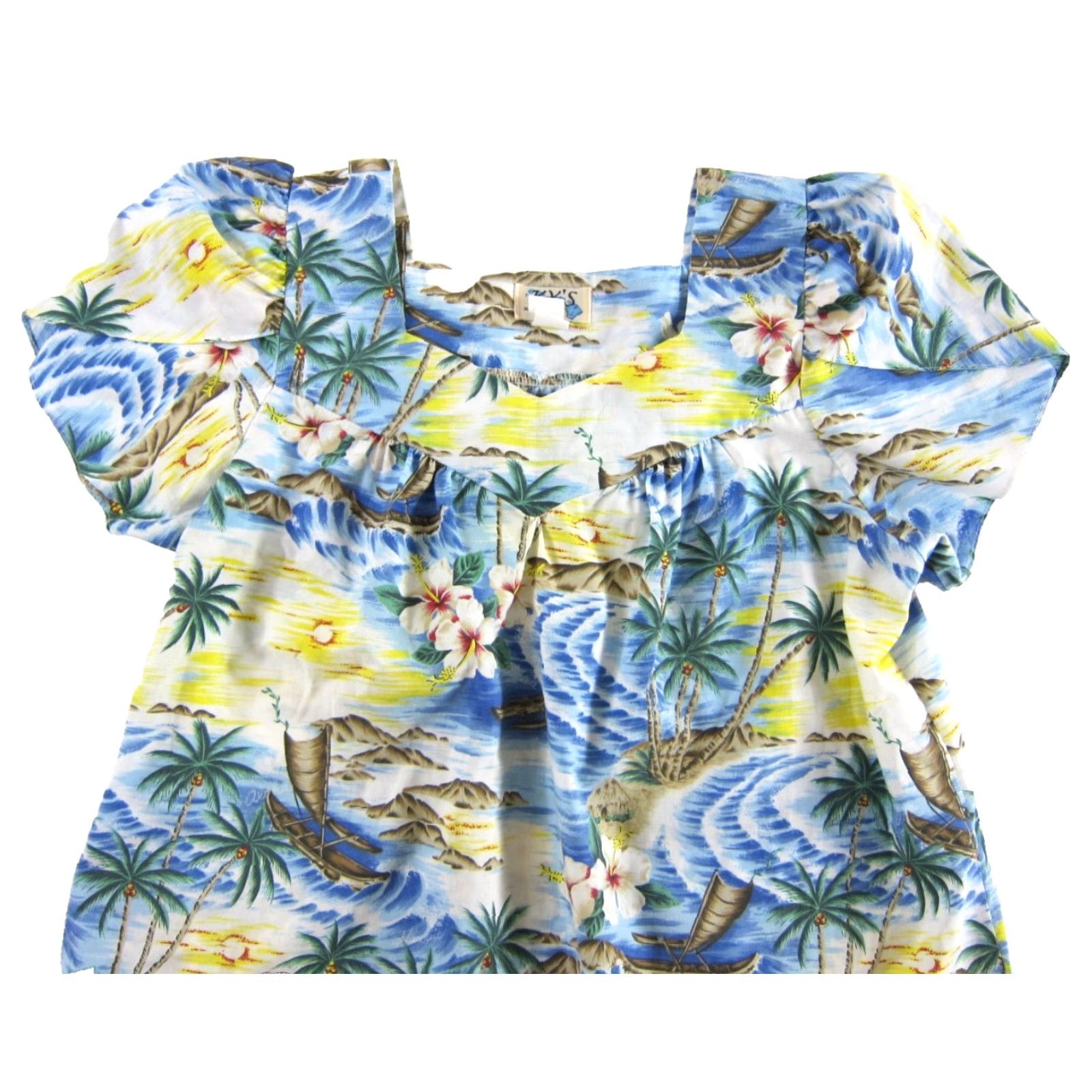 Vintage VINTAGE KY'S Hawaii Blue Yellow Pink Palm Tree Floral Short Sleeve Midi Dress XL Size 40" / US 18 - 4 Thumbnail
