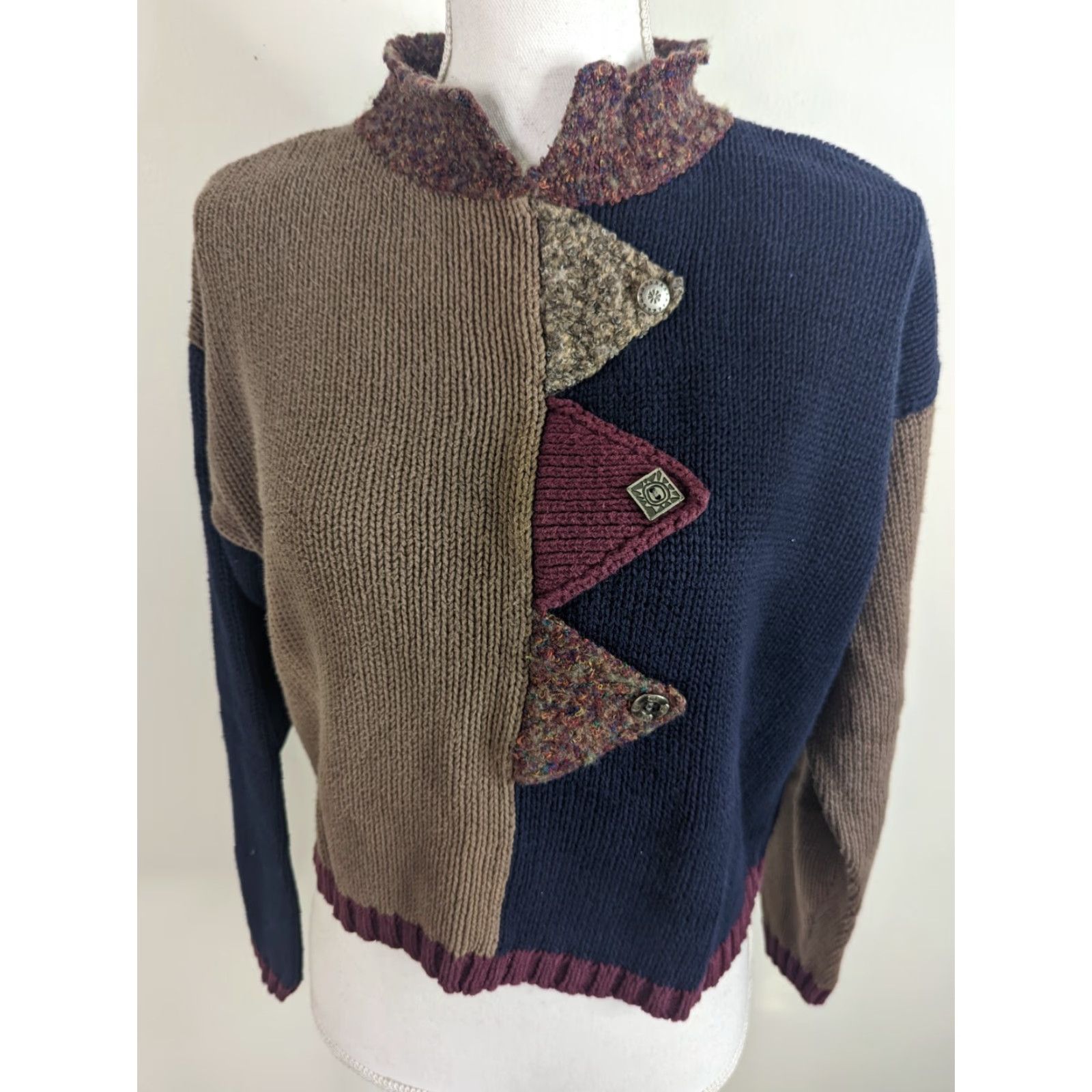 Vintage VINTAGE 90s Lagenlook Grunge Crop Patchwork Sweater Women's Small S3C Blue Beige Shirt Pullover Womens 90s Size S / US 4 / IT 40 - 3 Thumbnail