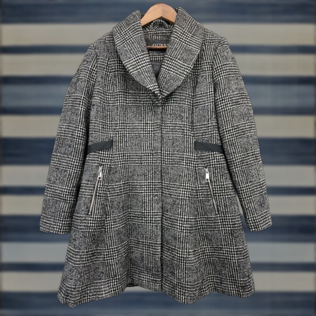 GUESS Vintage Women's Black White Plaid Wool Blend Mid-Length Coat