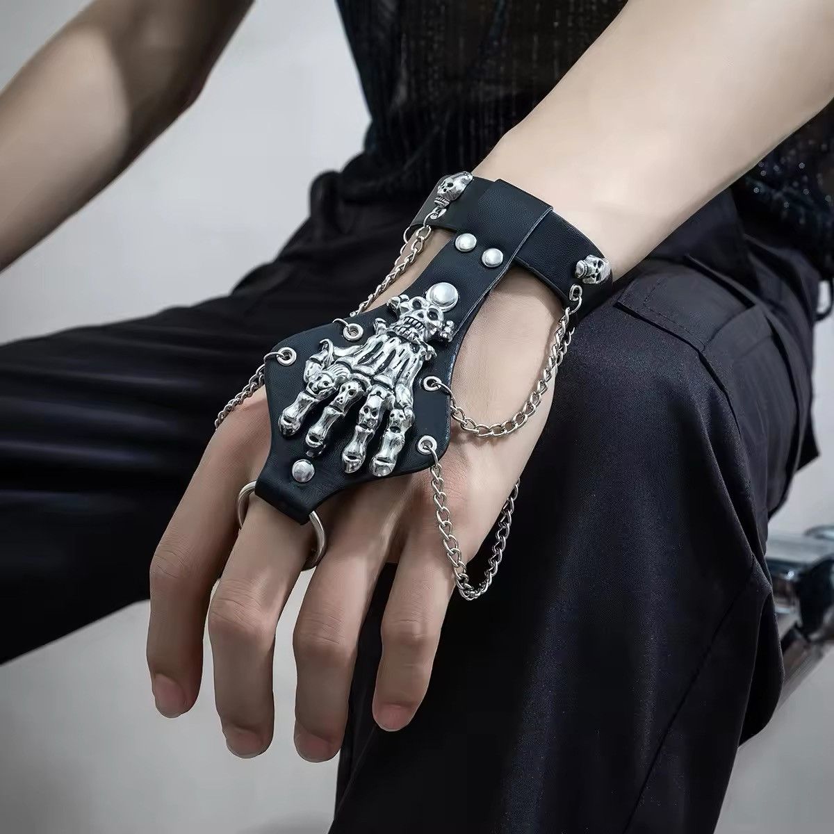 Jewelry Black Skull Finger Wrist Chains Rings Bracelets Size ONE SIZE - 1 Thumbnail