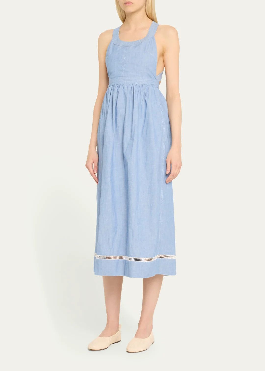 Chloe o1loc1c10425 Chambray Cross-Back Ladder Lace Midi Dress Size L / US 10 / IT 46 - 5 Thumbnail