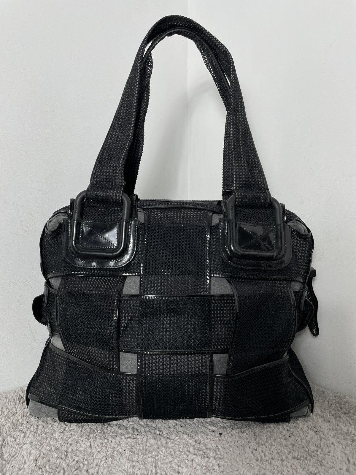 Fendi FENDI Black Mesh/Patent Leather Woven Crossword Grande Bag Size ONE SIZE - 1 Thumbnail