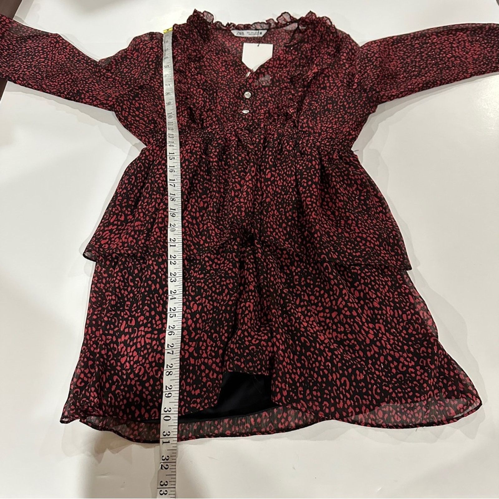 Zara Zara Red & Black Cheetah Print Long Sleeve Ruffled Dress Size L / US 10 / IT 46 - 10 Thumbnail