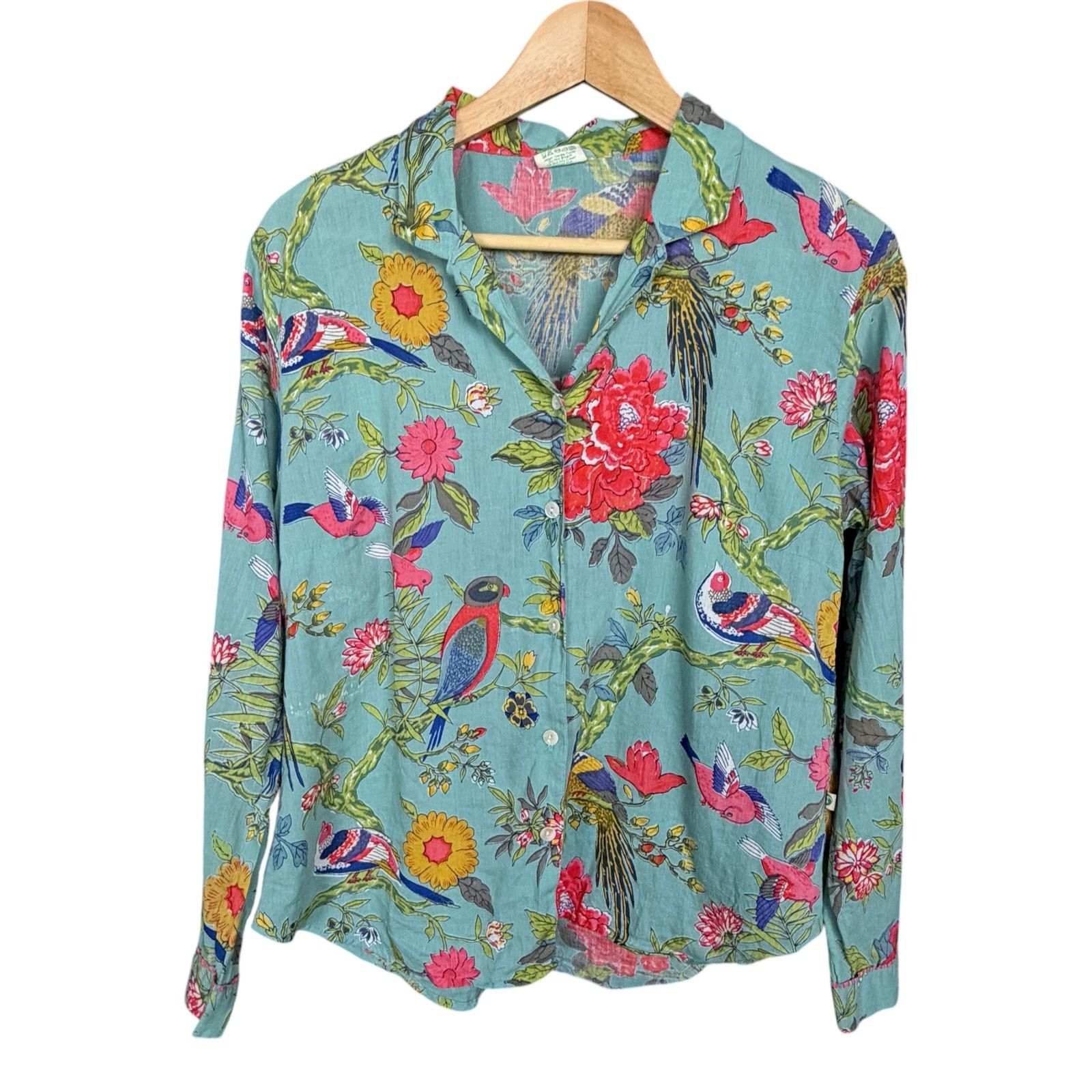 Other Vintage Handprint Turquoise Bird & Floral Women's Blouse Size S / US 4 / IT 40 - 6 Thumbnail