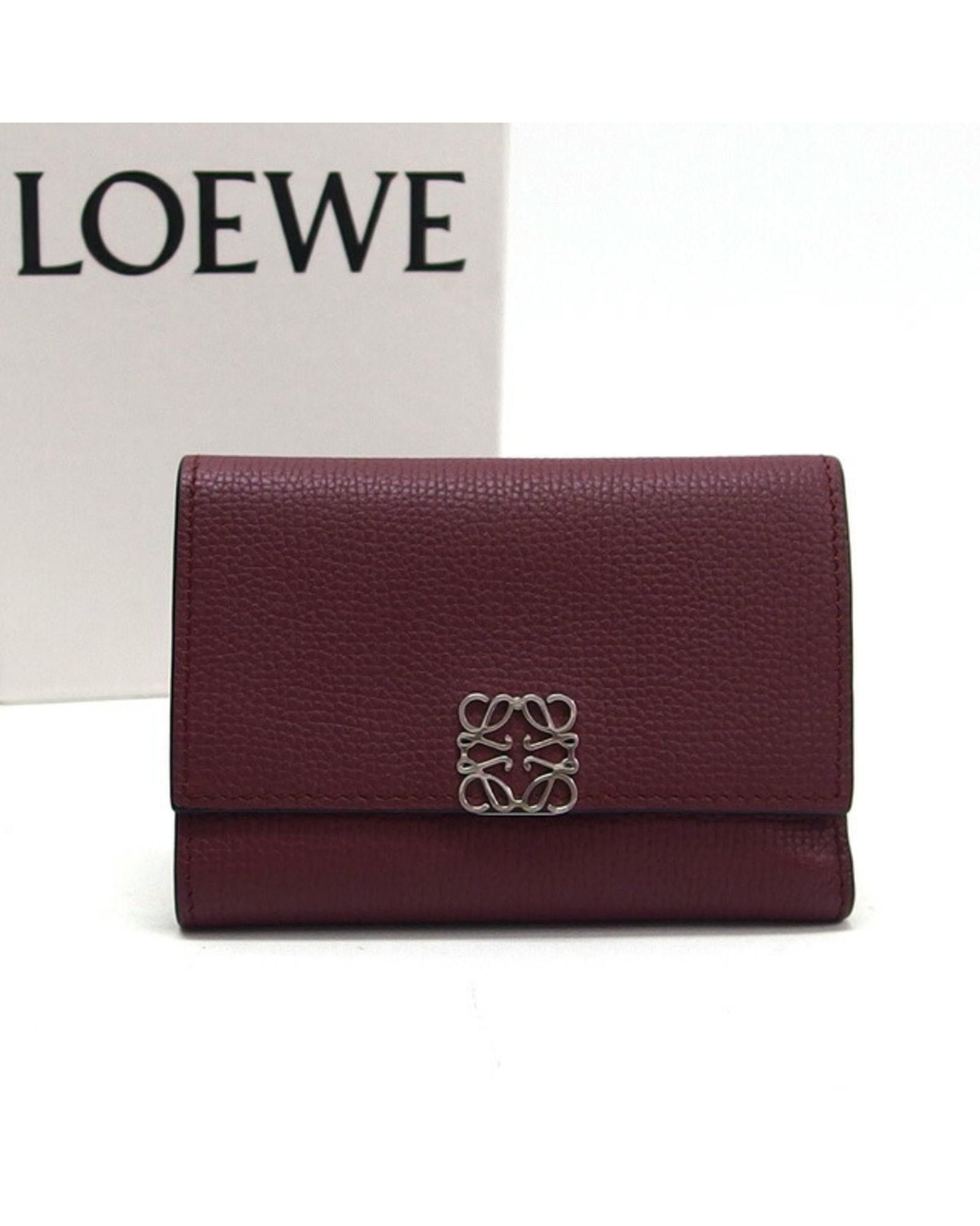 image of Leather Tri-Fold Wallet With Loewe Logo in Burgundy, Women's