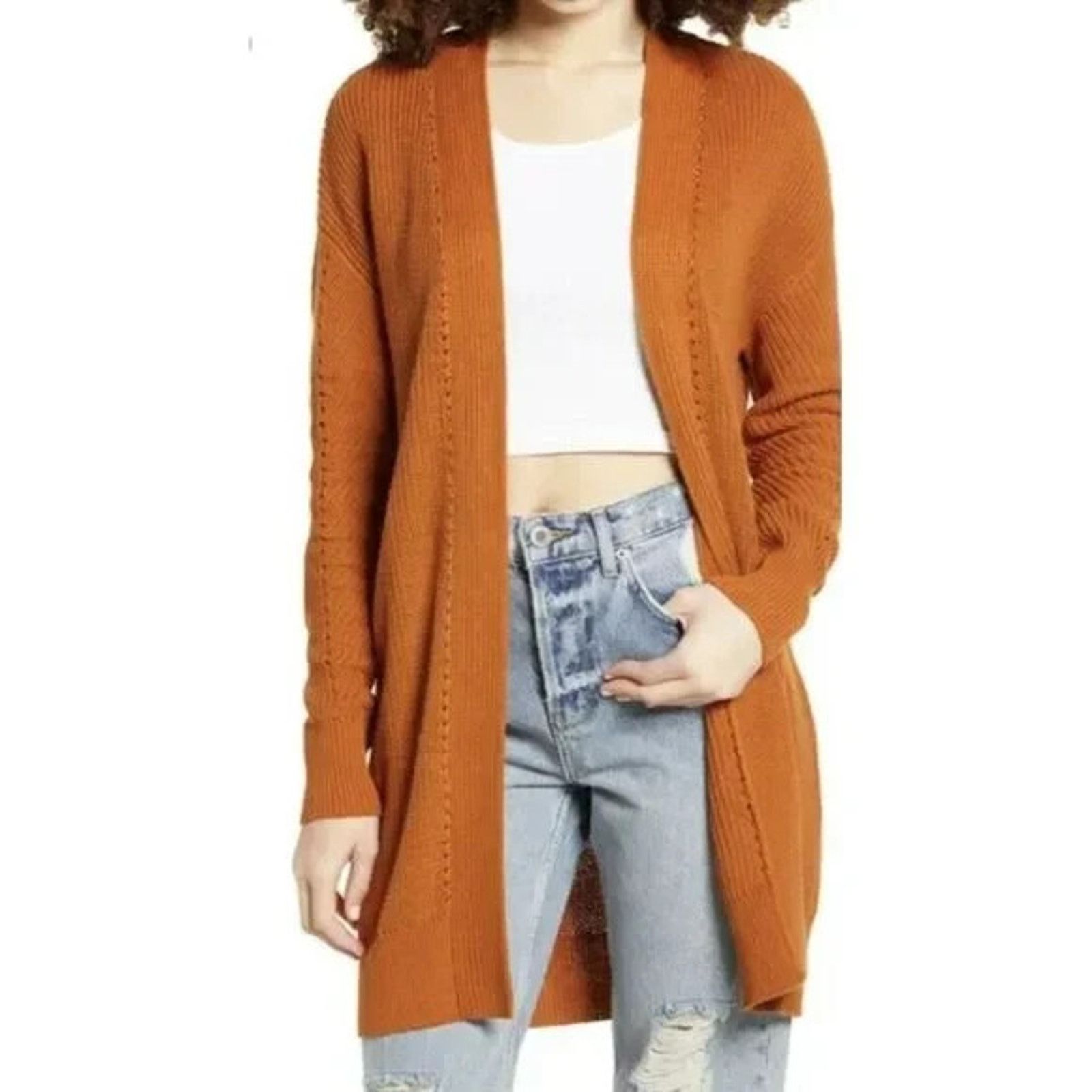 BP. BP Cotton Open Front Long Cardigan Sweater Orange S A003145 Size S / US 4 / IT 40 - 1 Thumbnail