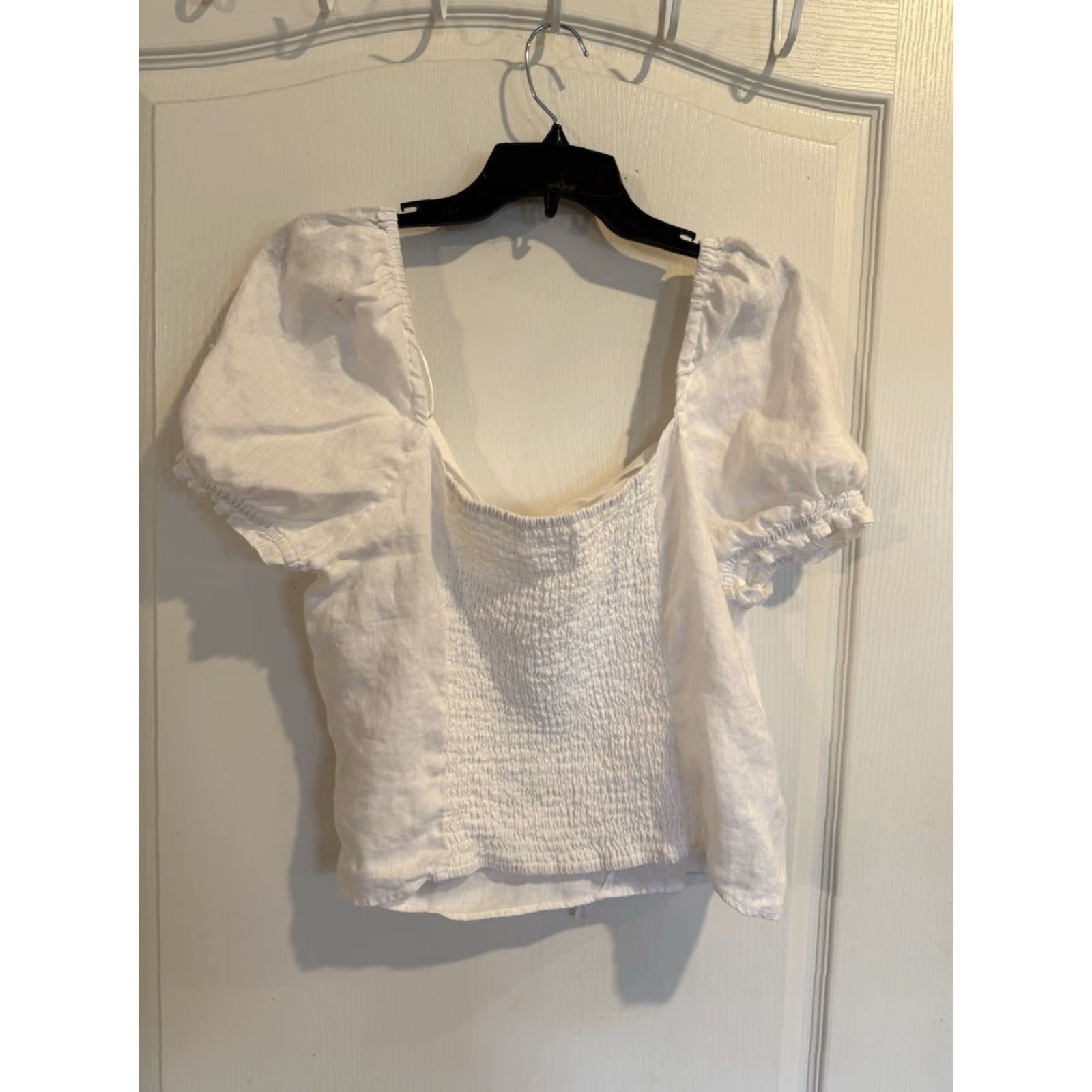 H&M VINTAGE H&M Shirt Women XL White Linen Short Puff Sleeve Smocked back Top Size XL / US 12-14 / IT 48-50 - 3 Thumbnail