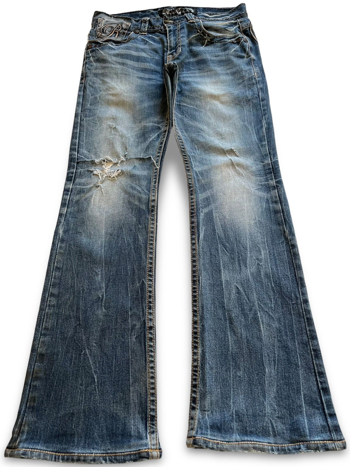 image of Distressed Denim Vintage Red Pepper Spell Out Faded Distressed Flare Jeans in Blue, Men's (Size 31)