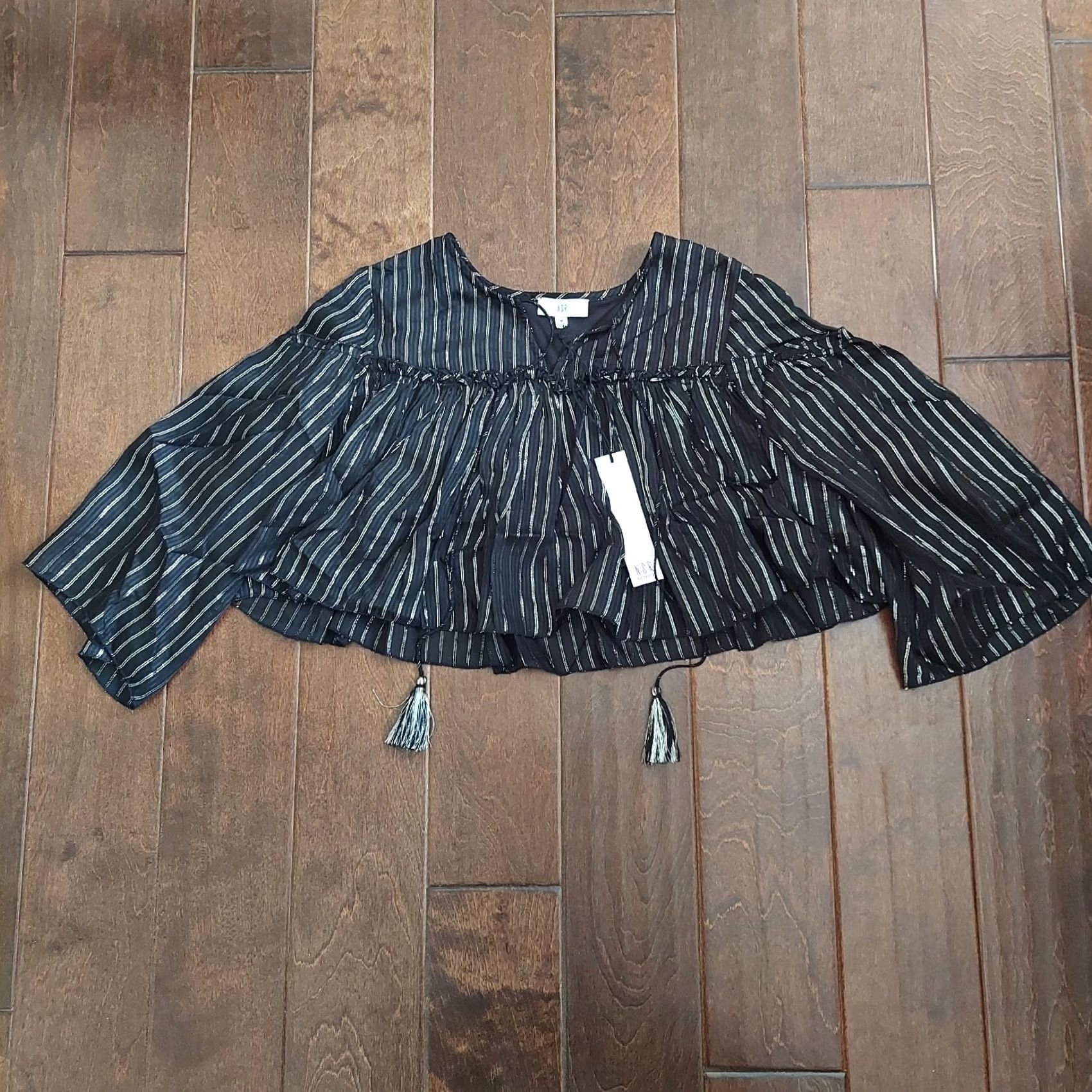 Vintage NSR Women's Black/White Stripe Blouse W/ Tassel - Size M - NWT Size M / US 6-8 / IT 42-44 - 3 Thumbnail