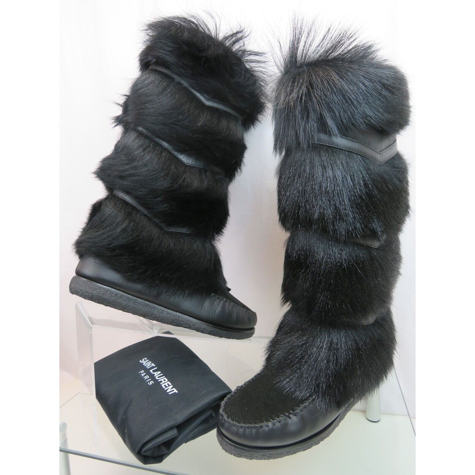 YSL BLACK FUR LEATHER SHEARLING LINING TALL BOOTS 37