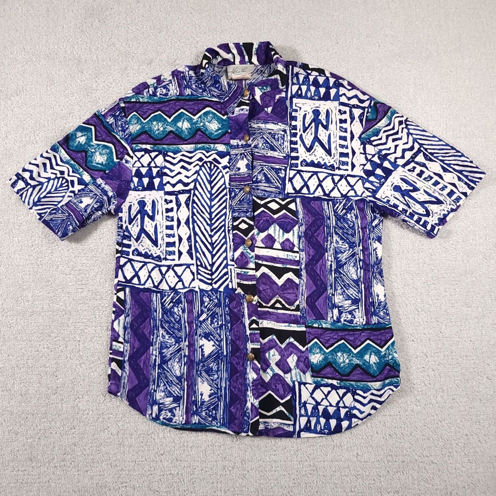 Lee VINTAGE Kathie Lee Button Up Shirt Women's 8 Blue Geometric Aztec Short Sleeve USA Size M / US 6-8 / IT 42-44 - 2 Thumbnail