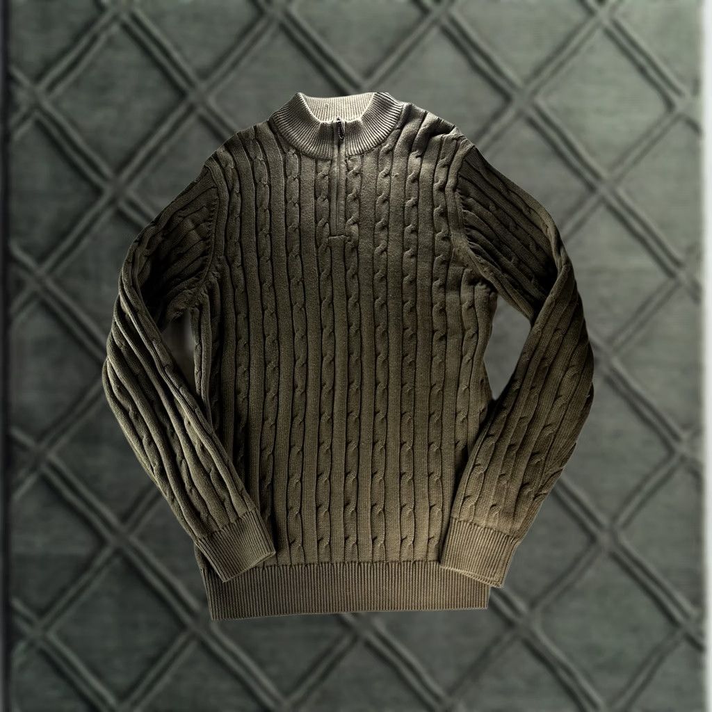 Lyle & Scott Lyle & Scott Sweater Mens Large Olive Cable-Knit Herringbone Cotton Pullover Size US L / EU 52-54 / 3 - 1 Thumbnail