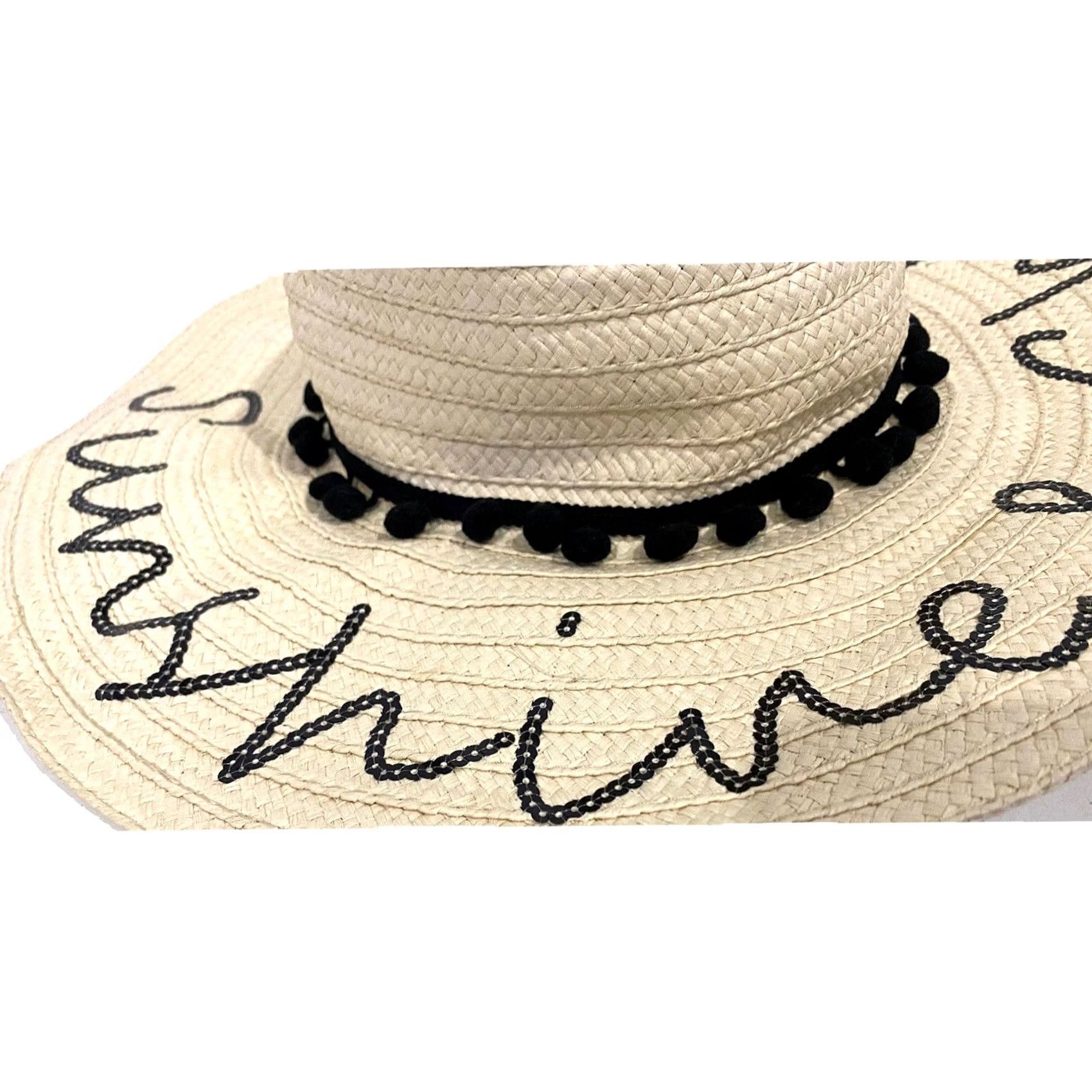 Betsey Johnson Betsey Johnson Sun Hat Women Wide Brim Beige Black Pom Pom Straw Hat Beach Vacation Sun Hat 22” Interior Circumference Size ONE SIZE - 3 Thumbnail