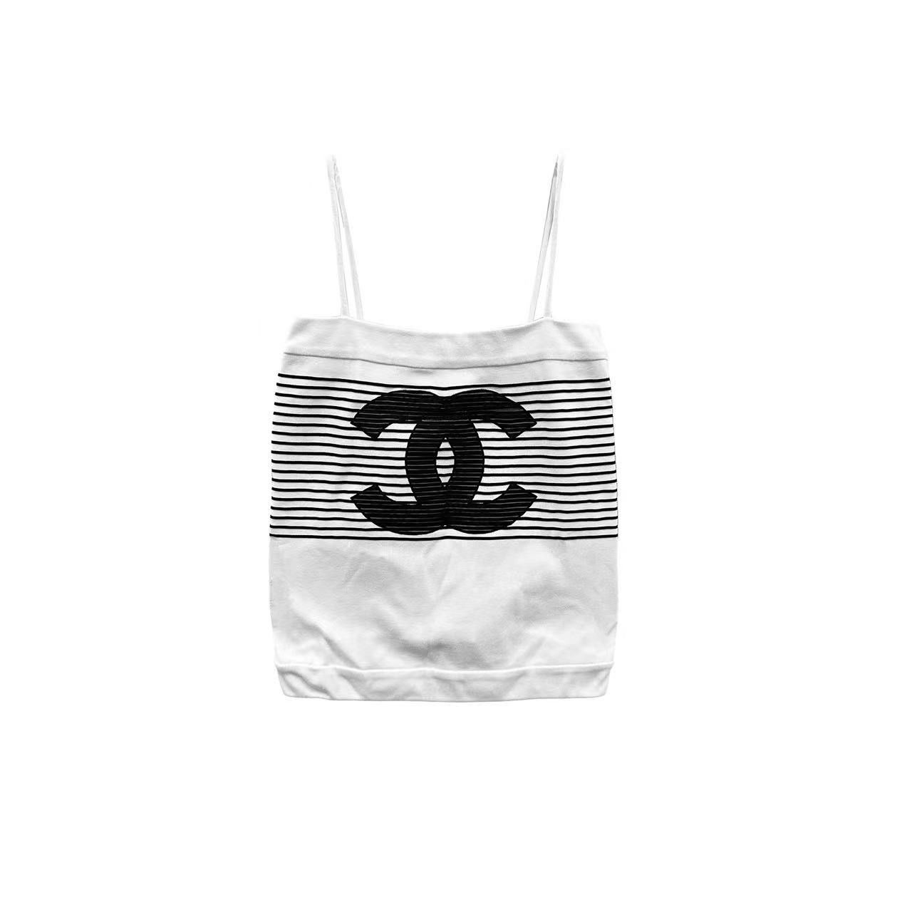 image of Chanel Logo Print Stripe Tank Top in Black White Stripes, Women's (Size XS)
