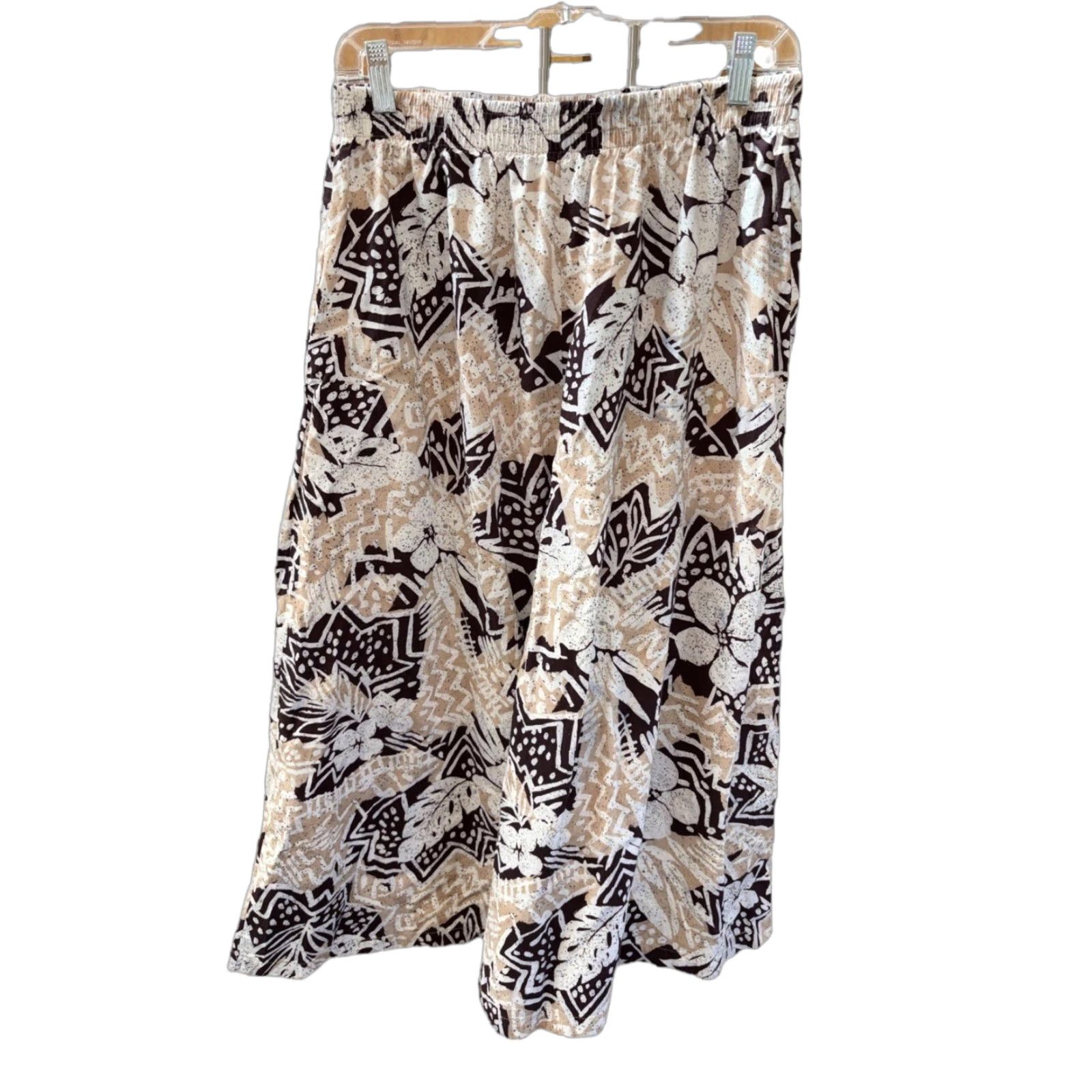 VINTAGE Hilo Hattie Wide Leg Pants Cropped Culottes Brown Floral L Adults Regular 30 in 20 in 35 in Cotton Blend Reproduction 1980s Womens
