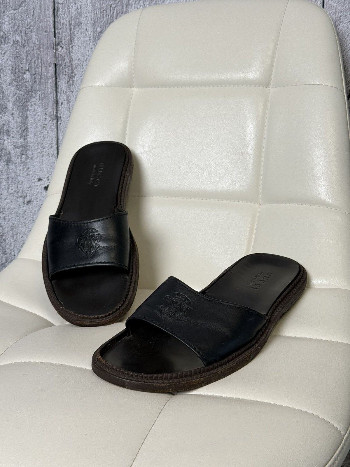 Gucci Black Embossed Slide Sandals Gucci Embossed Letter Slide Sandals main image 2