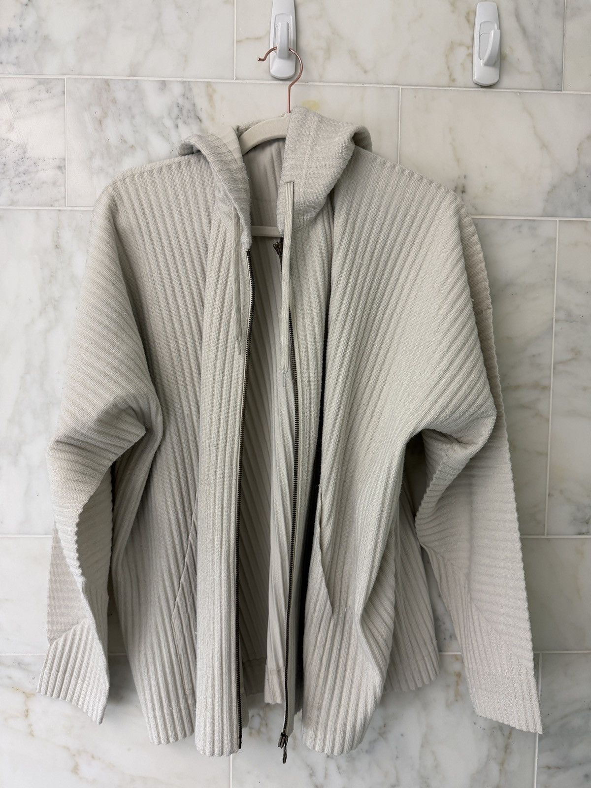 Cream Pleated Issey Miyake Zip-Up Hoodie
