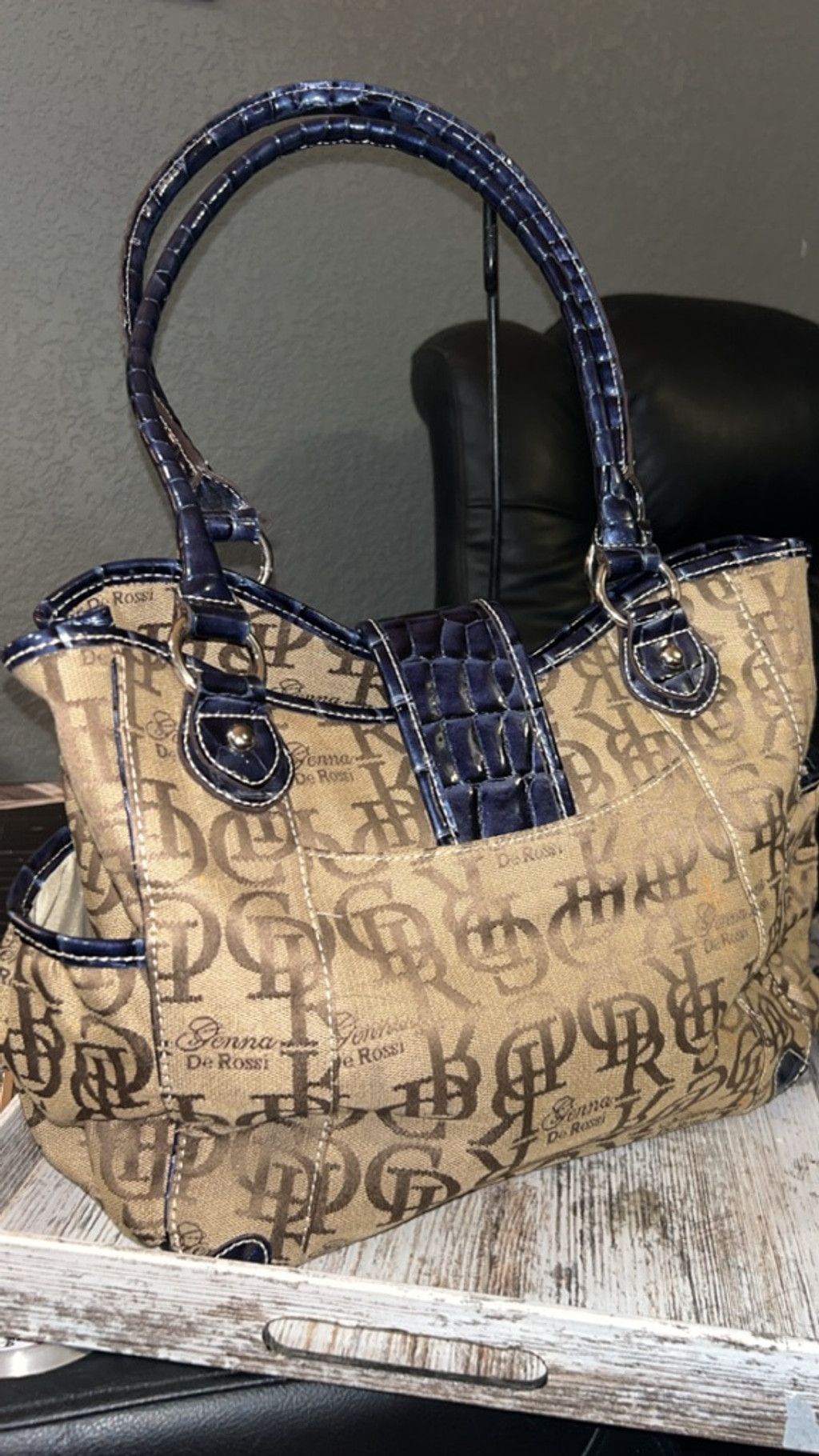 Other Women's De Rossi Beige & Blue Monogram Shoulder Bag One Size Size ONE SIZE - 3 Thumbnail
