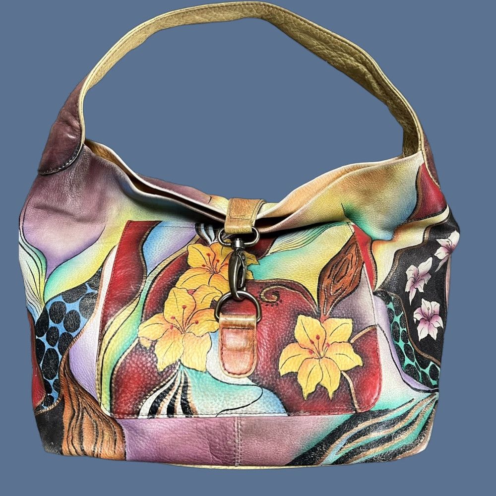 Anuschka Handpainted Leather Folded Hobo Bag Floral Multicolor Yellow Shoulder Strap Womens Medium Bag