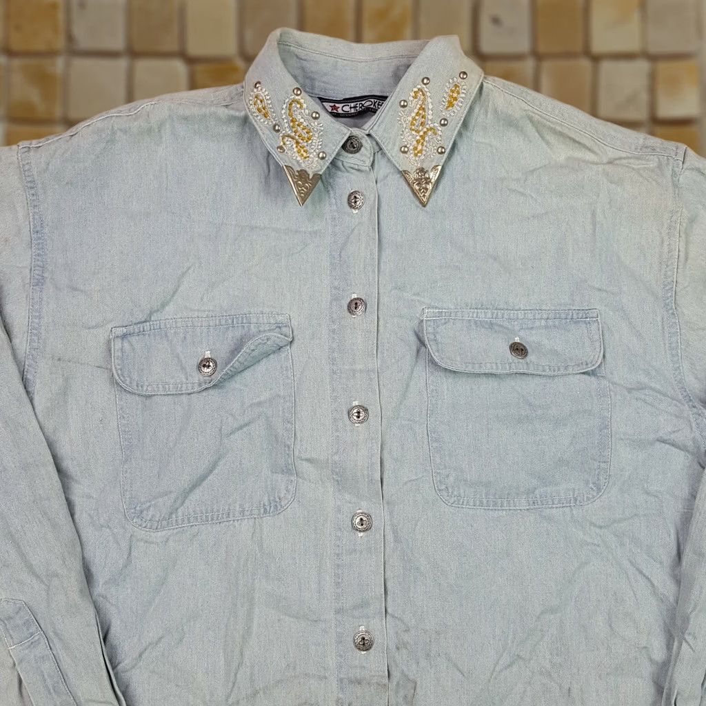 Cherokee VINTAGE Cherokee Western Denim Shirt Womens Size M Button-Up Studded Collared Southwestern Short Sleeve Blue 80s 90s Western Casual Mens? Size M / US 6-8 / IT 42-44 - 1 Thumbnail