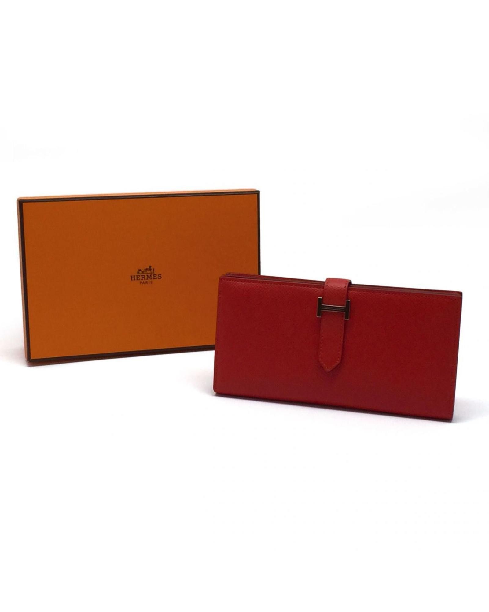 image of Hermes Timeless Leather Bi-Fold Wallet in Red, Women's