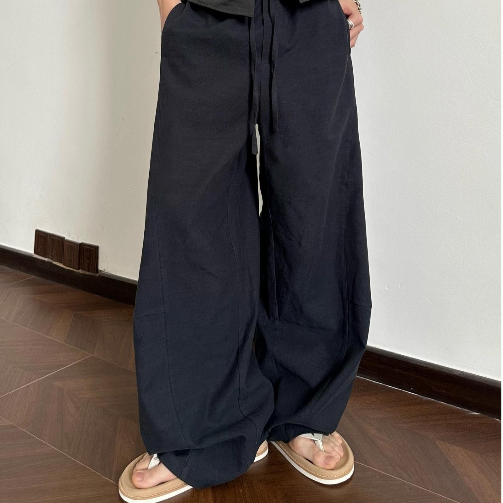 Beige Wide Leg Casual Linen Pants, Loose Fit Trousers