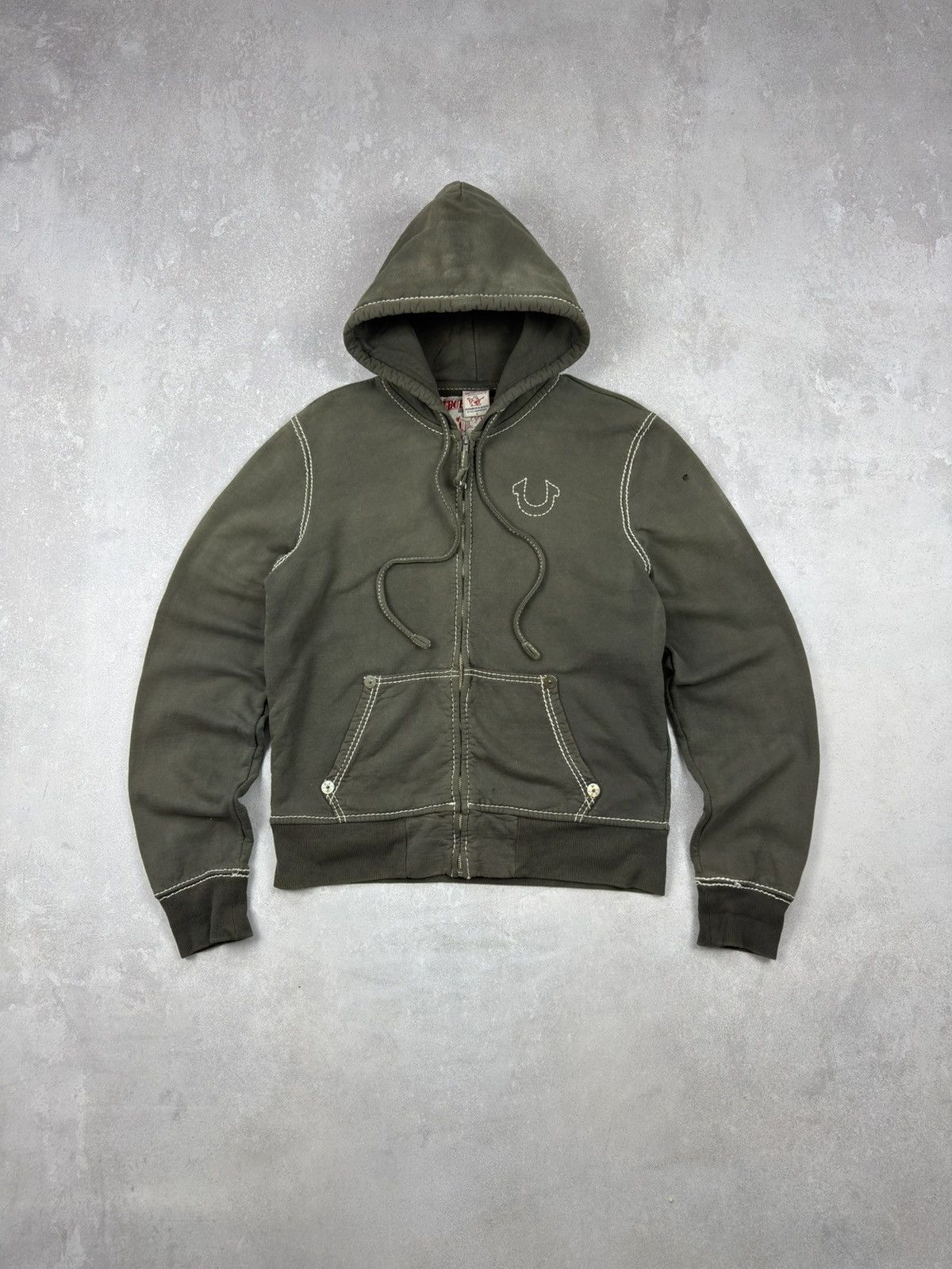 True Religion Vintage True Religion Zip Hoodie Big-T Khaki Washed Destroye Size US L / EU 52-54 / 3 - 1 Thumbnail