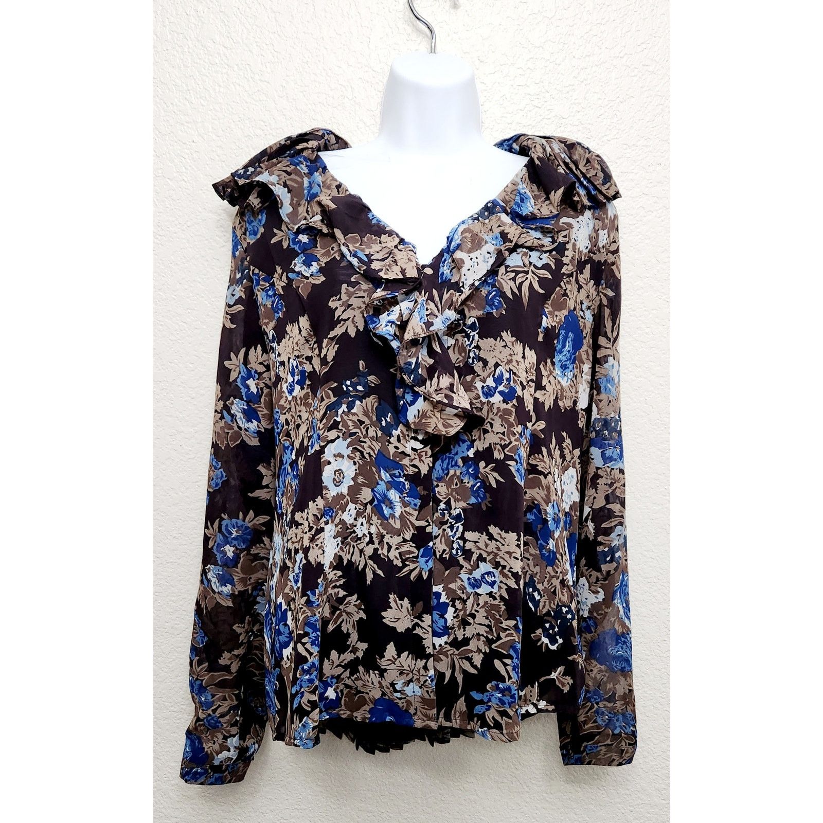Coldwater Creek Coldwater Creek Brown Blue Floral Ruffled Neck Top Large Size L / US 10 / IT 46 - 1 Thumbnail