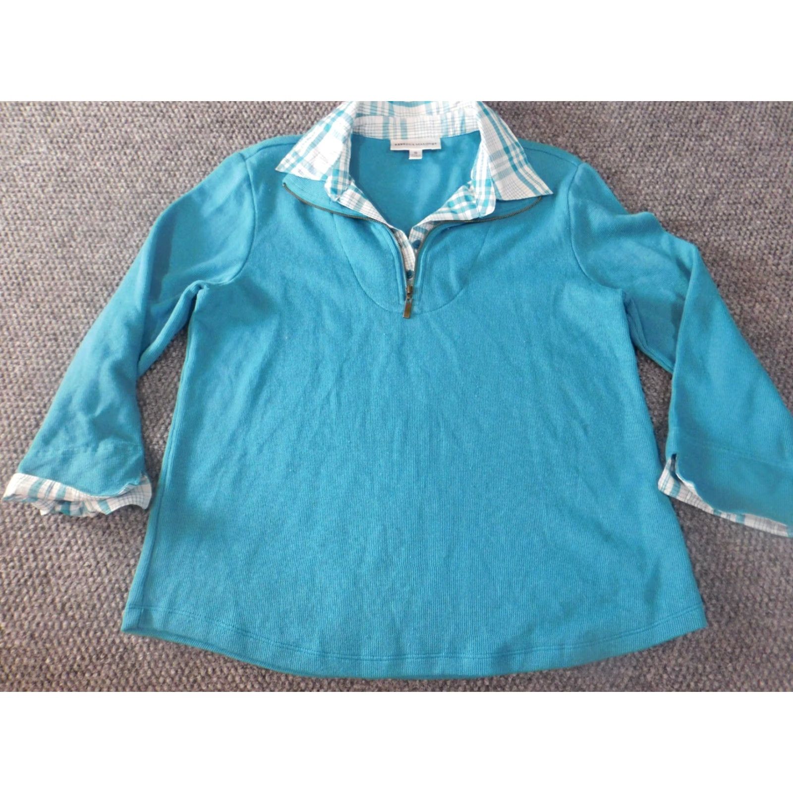 Vintage Rebecca Malone Womens Top Small Blue Stretch Zip Blouse pullover lined collar Size S / US 4 / IT 40 - 2 Thumbnail