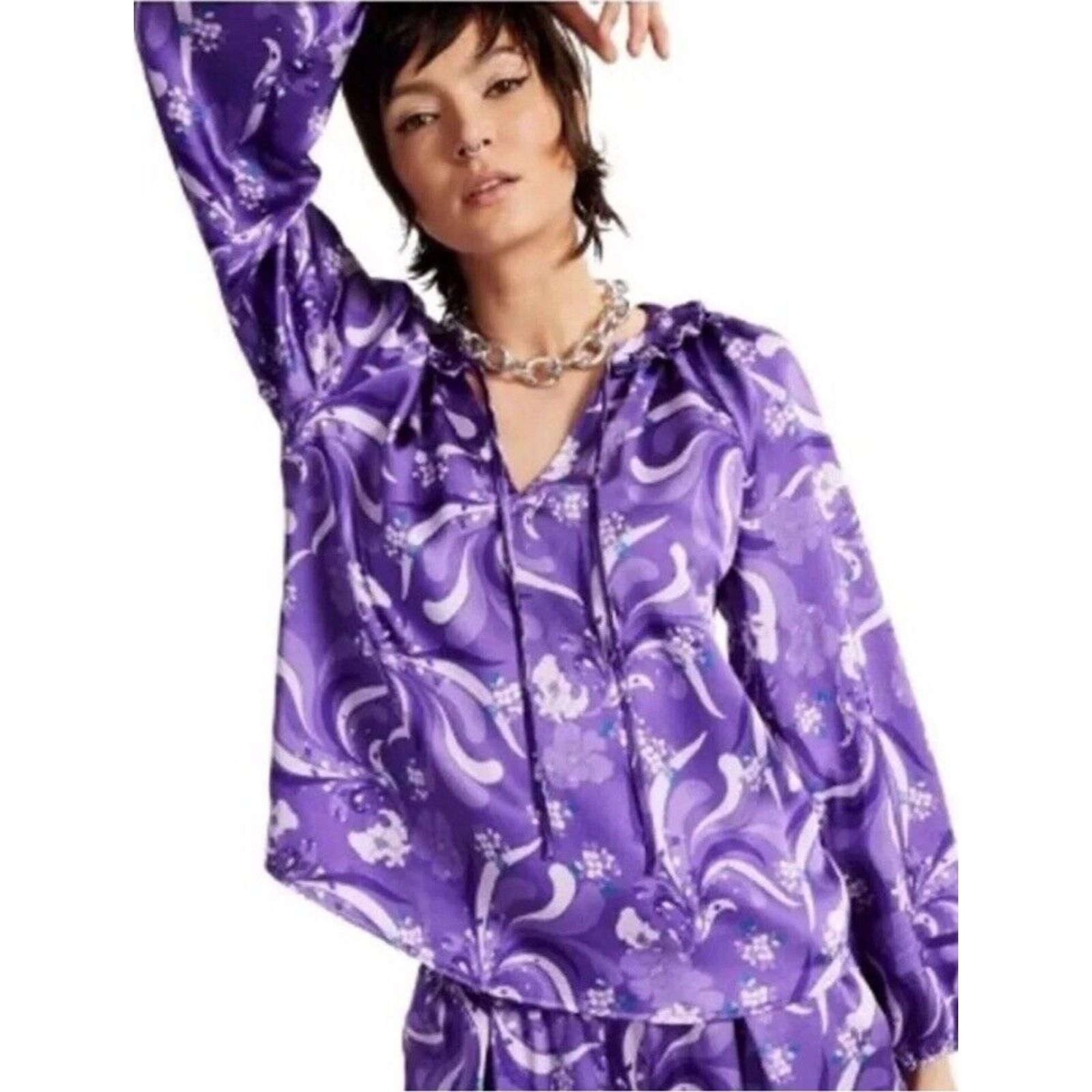 Other INC Women Purple Floral Satin Blouse Ruffle Tie Neck Size XS Size XS / US 0-2 / IT 36-38 - 9 Thumbnail