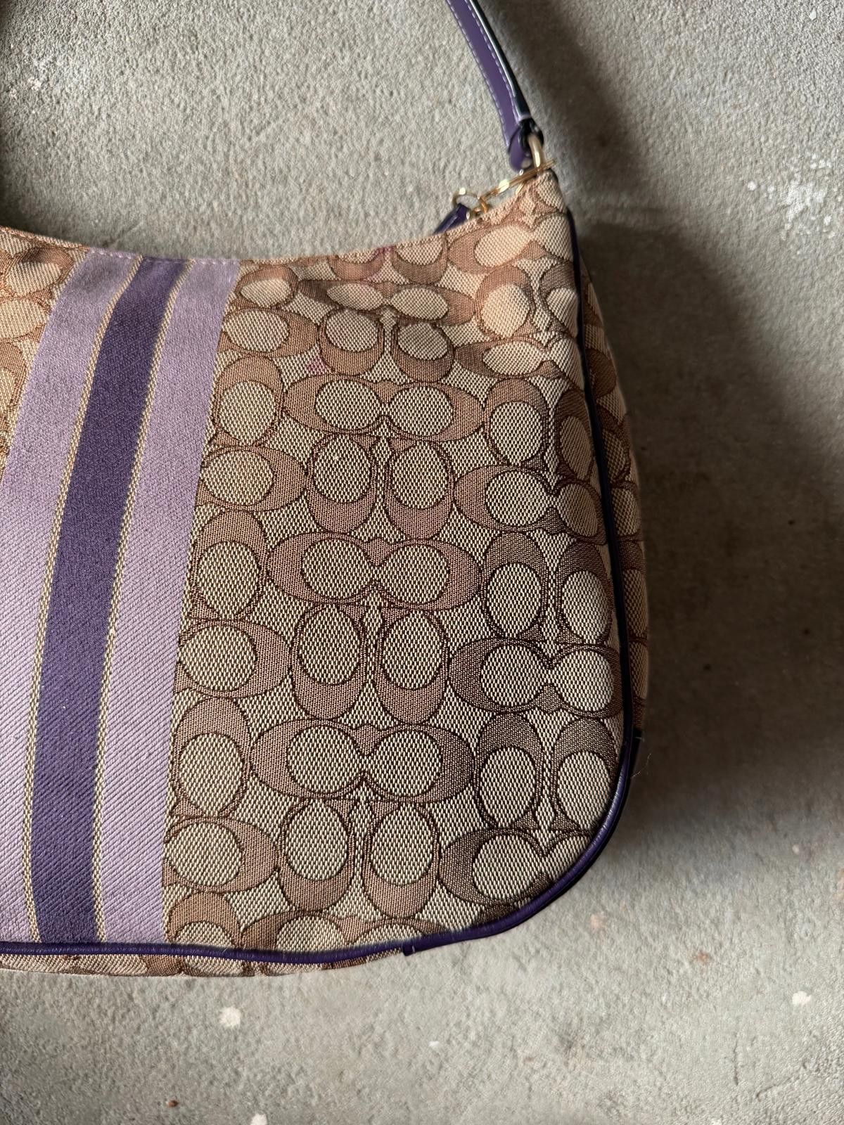Coach Coach Signature Hobo Stripe Canvas Shoulder Bag Beige/Purple Size ONE SIZE - 9 Thumbnail