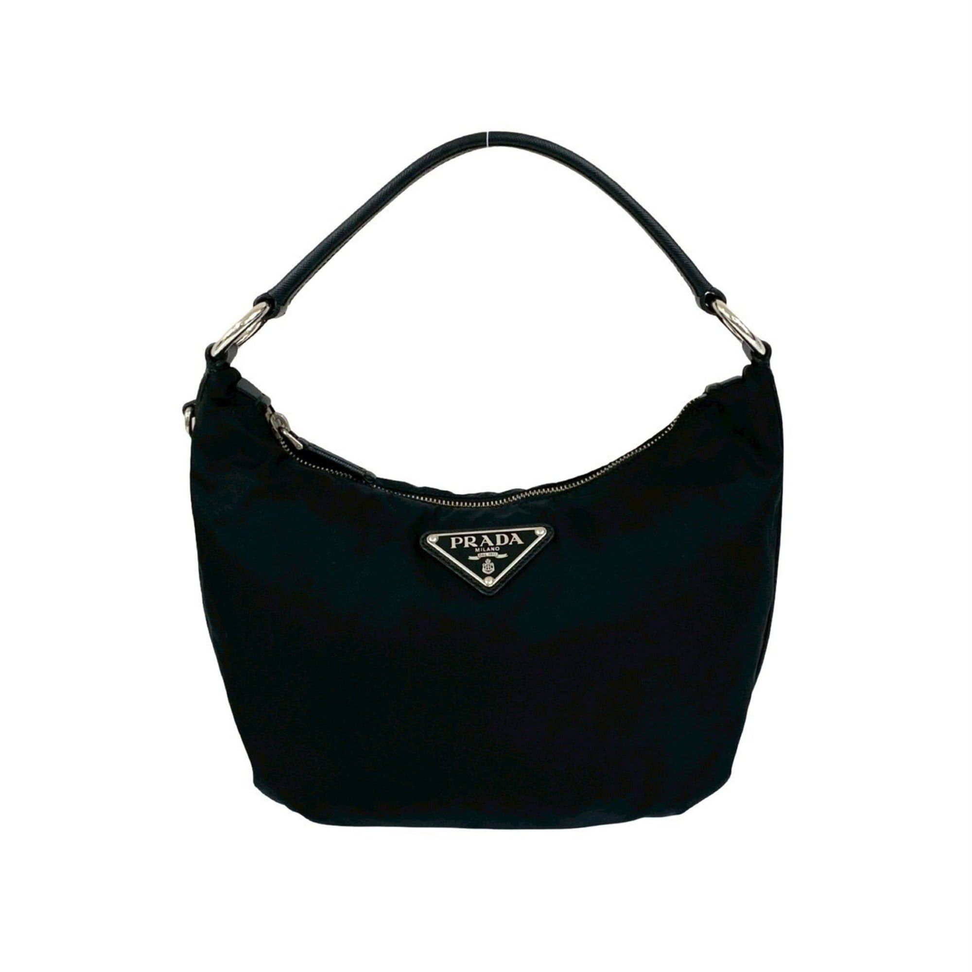 Prada Triangle Logo Plate Nylon Saffiano Leather Handbag Mini Tote Bag Black 32109, Women's