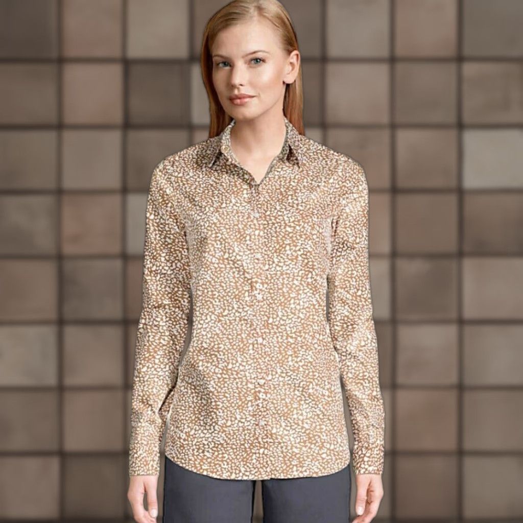Lands' End Lands' End Petite No Iron Supima Cotton Long Sleeve Shirt 16P Beige Leopard Pattern Womens Button-Up Size XXL / US 16-18 / IT 52-54 - 1 Thumbnail