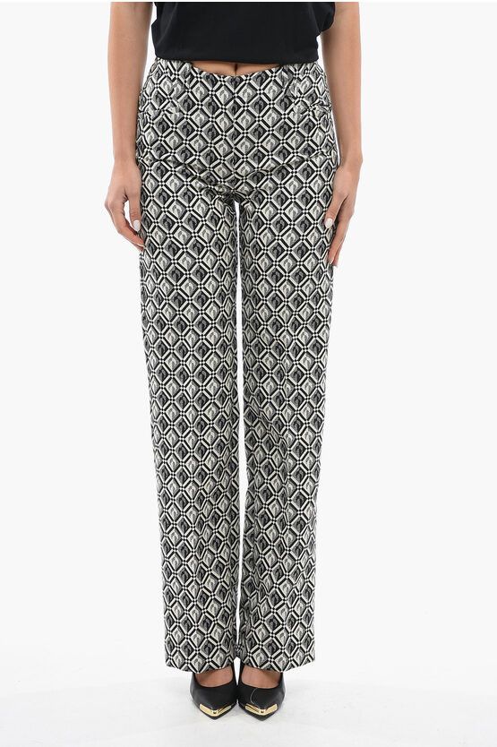image of Marine Serre Jacquard High-Waisted Trousers With Straight Leg in Black/White, Women's (Size 27)