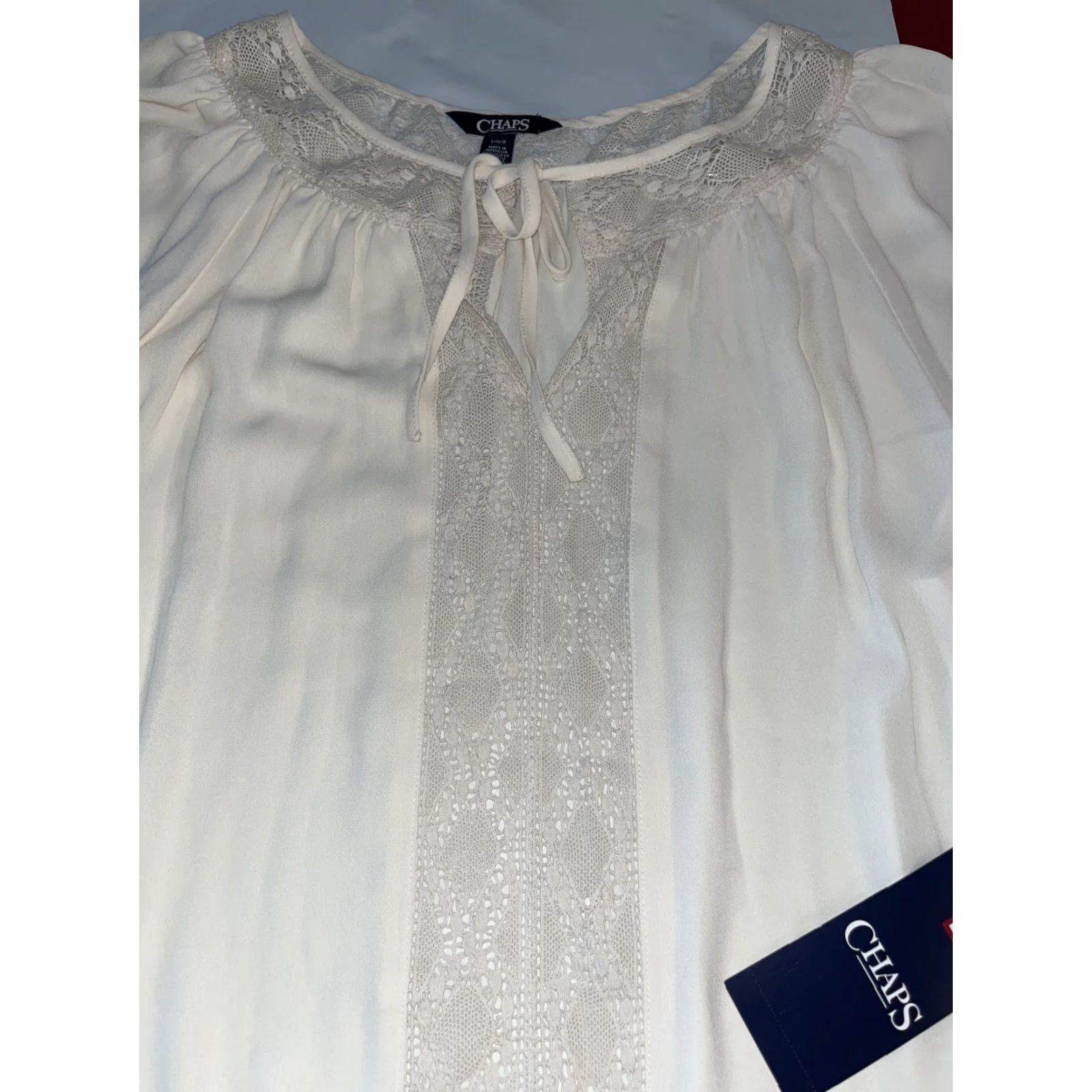 Chaps Chaps Blouse Women's Long Sleeve Keyhole Tie Neck Lace Accents Sheer Ivory Puff Sleeve Peasant Ribbon Tie V Neck Pull Over Top L Size L / US 10 / IT 46 - 3 Thumbnail