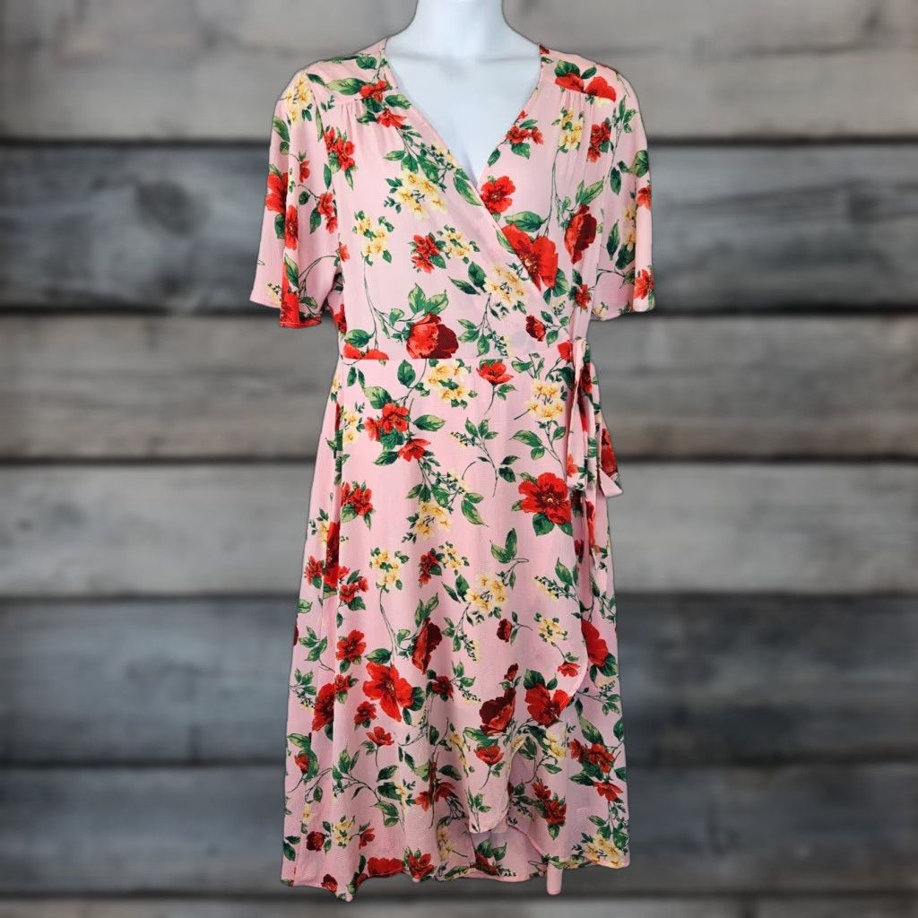 Vintage Studio B by Bobeau Womens Wrap Dress Sz 2X Pink Red Floral Size XXL / US 16-18 / IT 52-54 - 1 Thumbnail