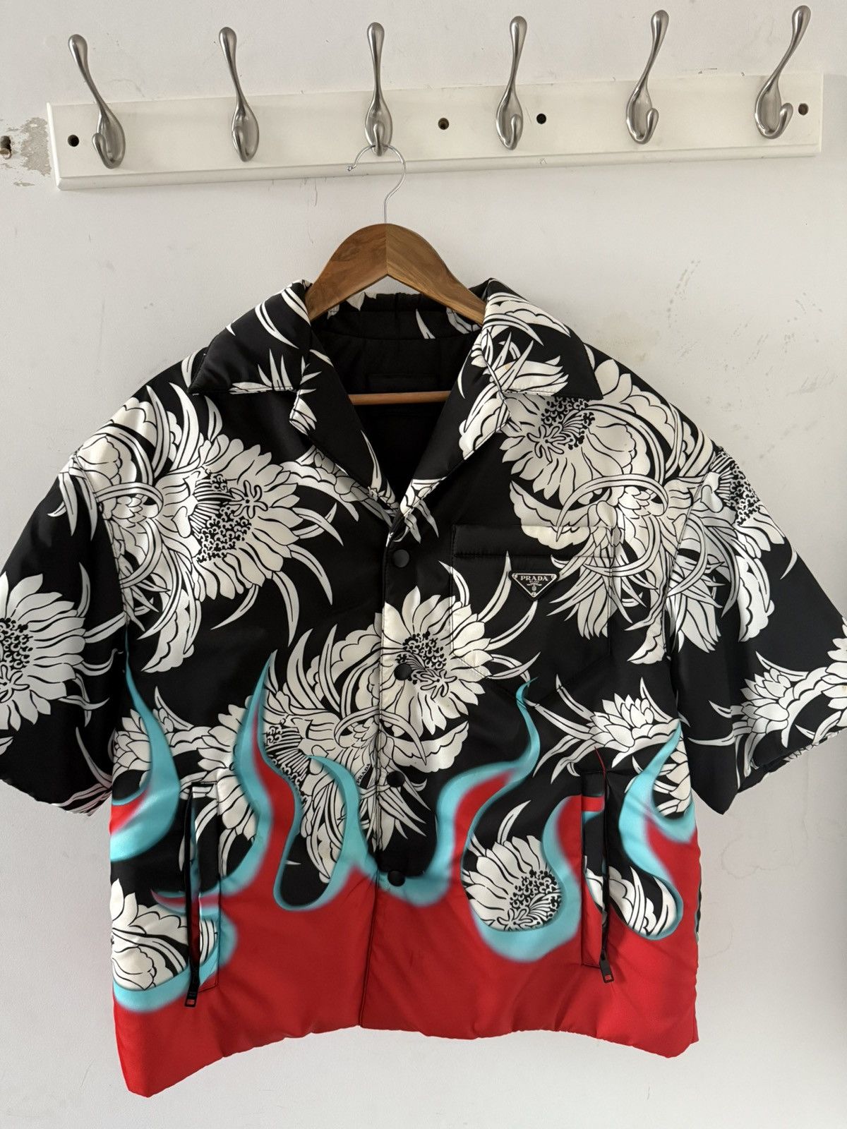 Prada oversized floral red flame nylon puffer shirt jacket