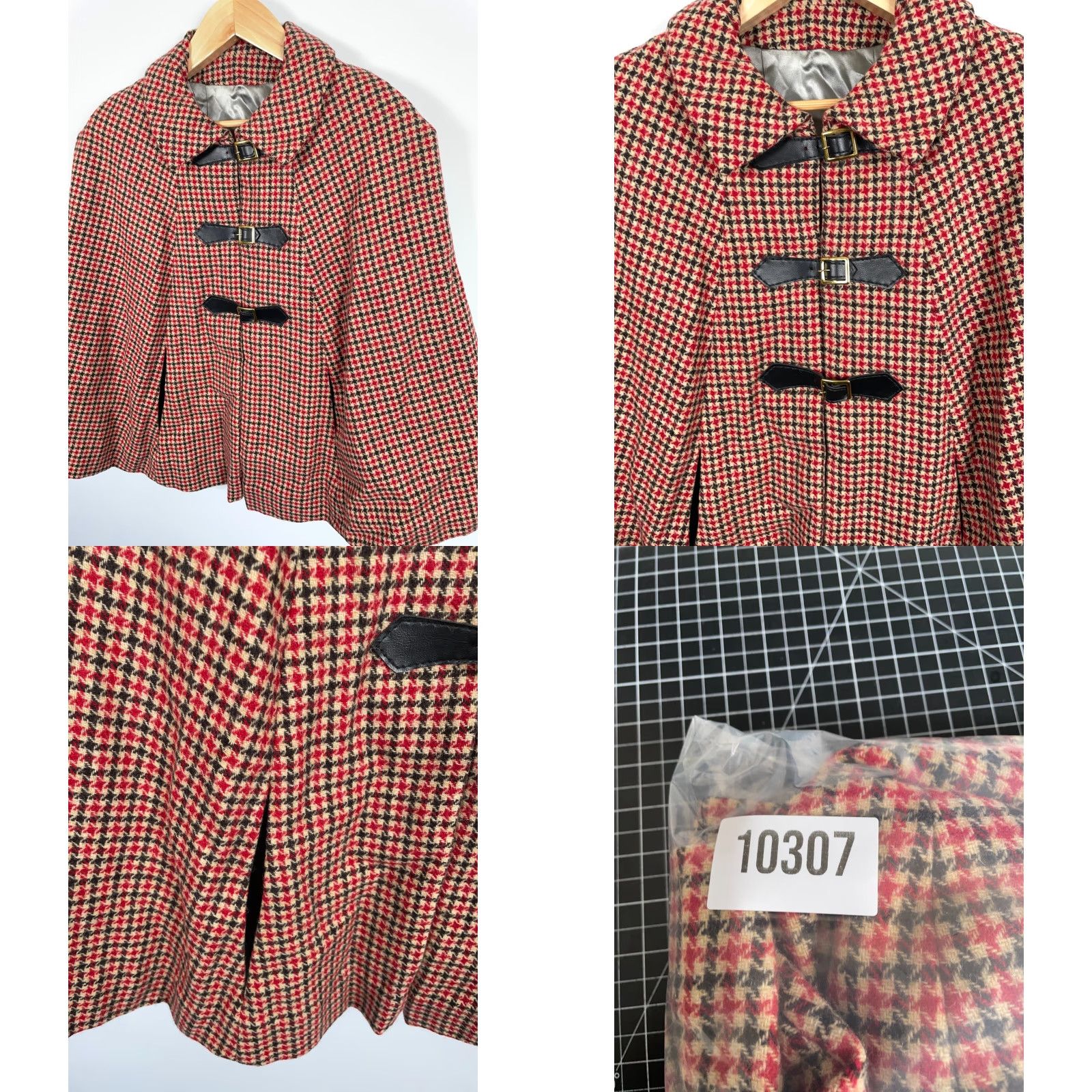 Vintage VINTAGE Poncho Cape Houndstooth Wool Red Black Lined Buckle Front Woman One Size - 60s Bohemian Hipster Retro Mod Fringe Embroidered Dry Clean Only Size ONE SIZE - 8 Thumbnail