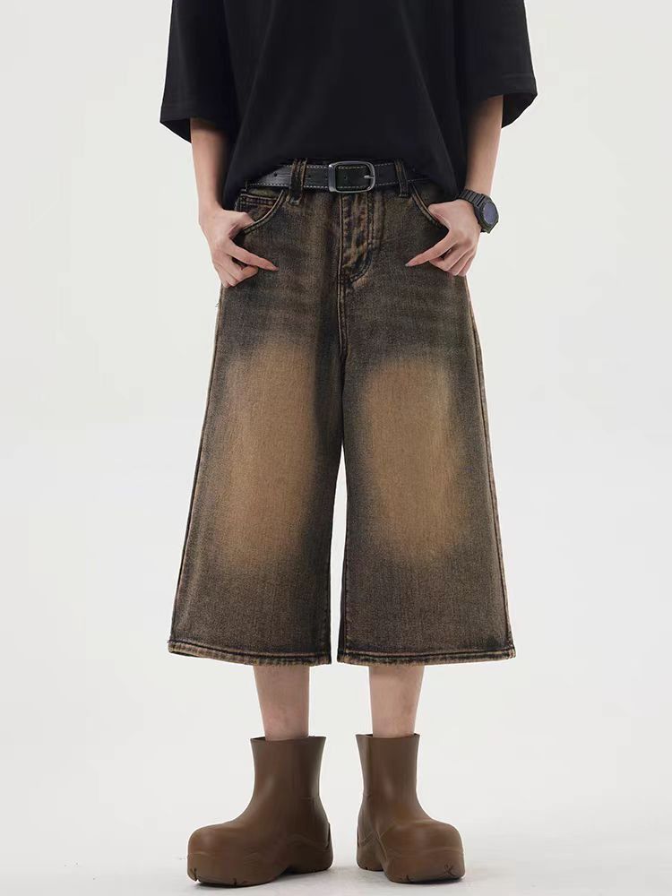 Vintage wide-leg wasteland style washed loose denim shorts