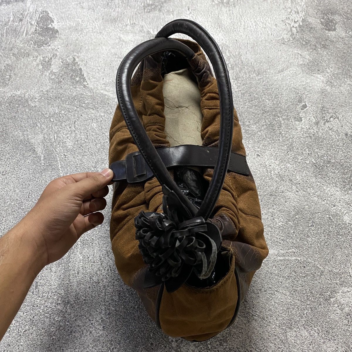 Japanese Brand 2000s Floral Brown Suede & Leather Hobo Bags Size ONE SIZE - 4 Thumbnail