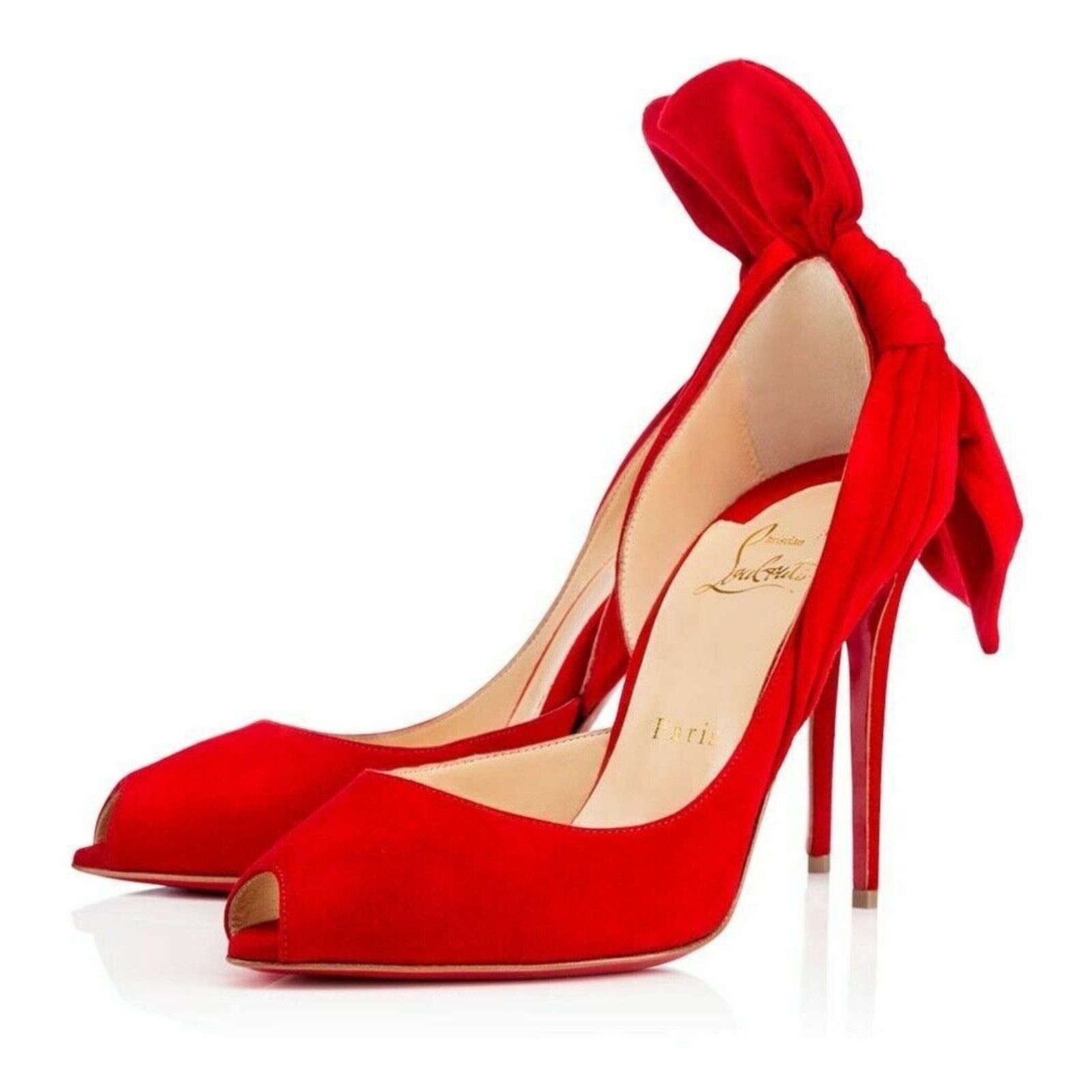 Christian Louboutin Barbara 100 Oeillet Red Suede Peep Toe Bow Heel Pump 39.5 Size US 9.5 / IT 39.5 - 1 Thumbnail