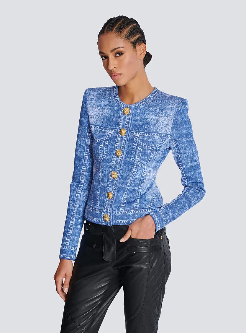 Balmain o1s1wg111225 Jacquard knit Cardigan in Blue Size M / US 6-8 / IT 42-44 - 5 Thumbnail