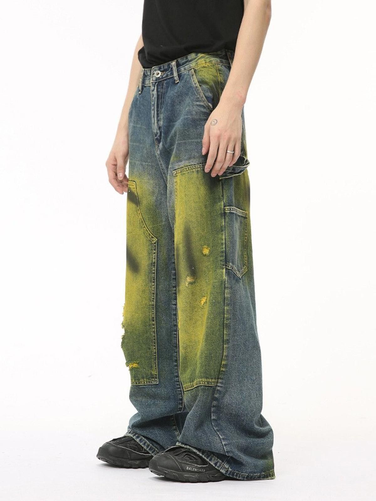 Vintage Green Paint Carpenter Straight Baggy Wide Leg Denim Jeans Size US 30 / EU 46 - 2 Thumbnail