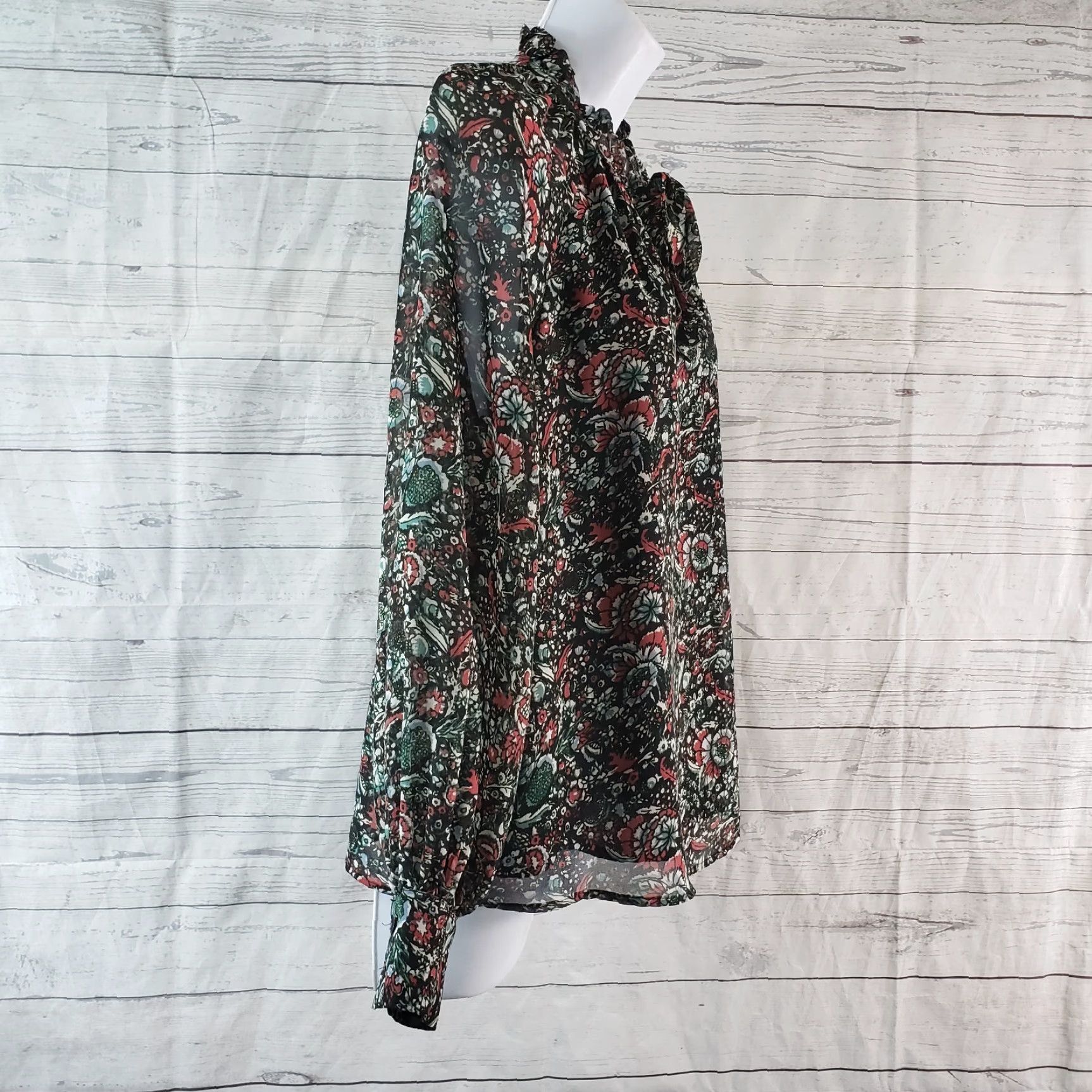 Rebecca Minkoff Rebecca Minkoff Womens Blouse XS Black Green Floral Neck Tie Long Sleeve Size XS / US 0-2 / IT 36-38 - 3 Thumbnail