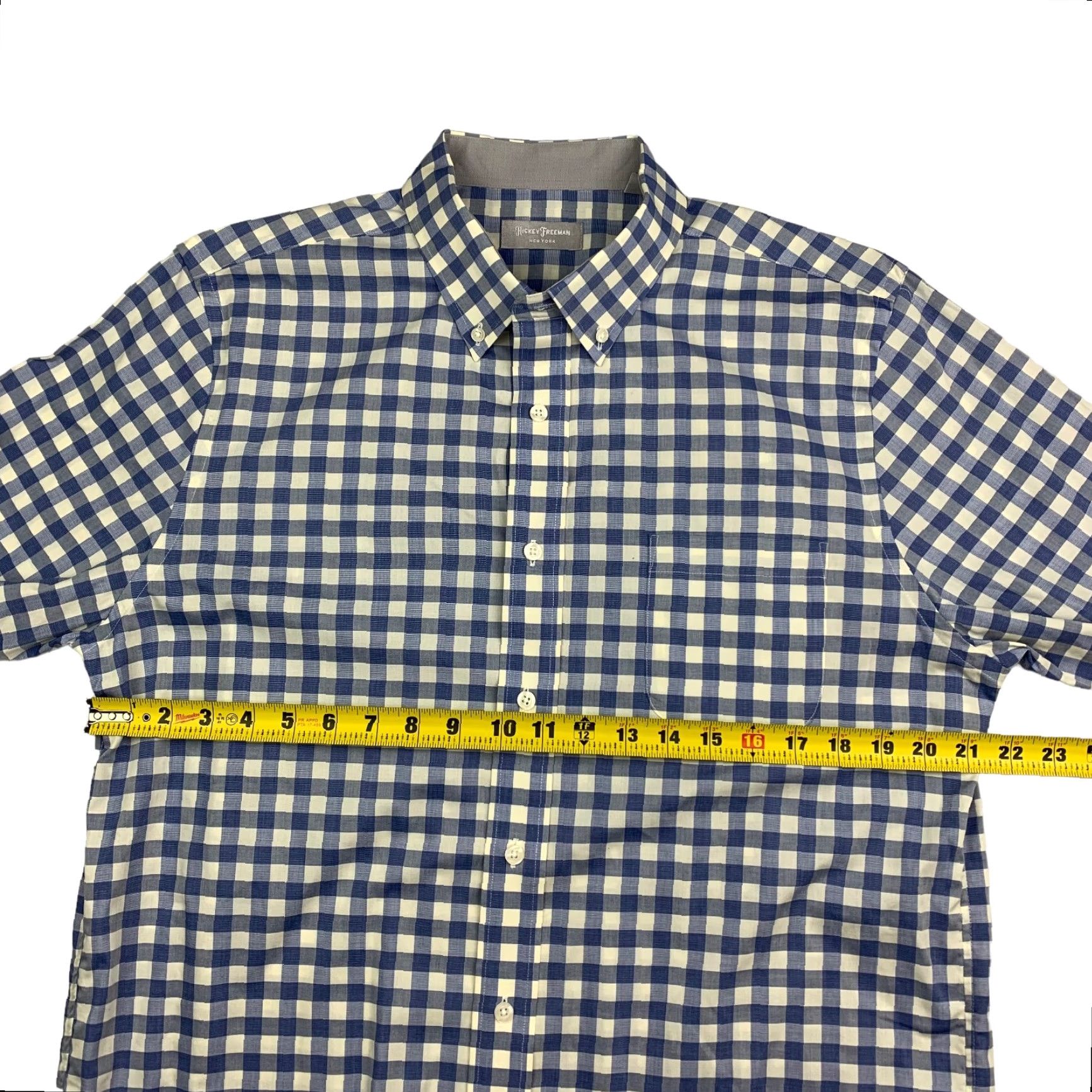 Hickey Freeman Cotton Stretch Button Shirt Blue White Gingham Check Long Sleeve Large Mens