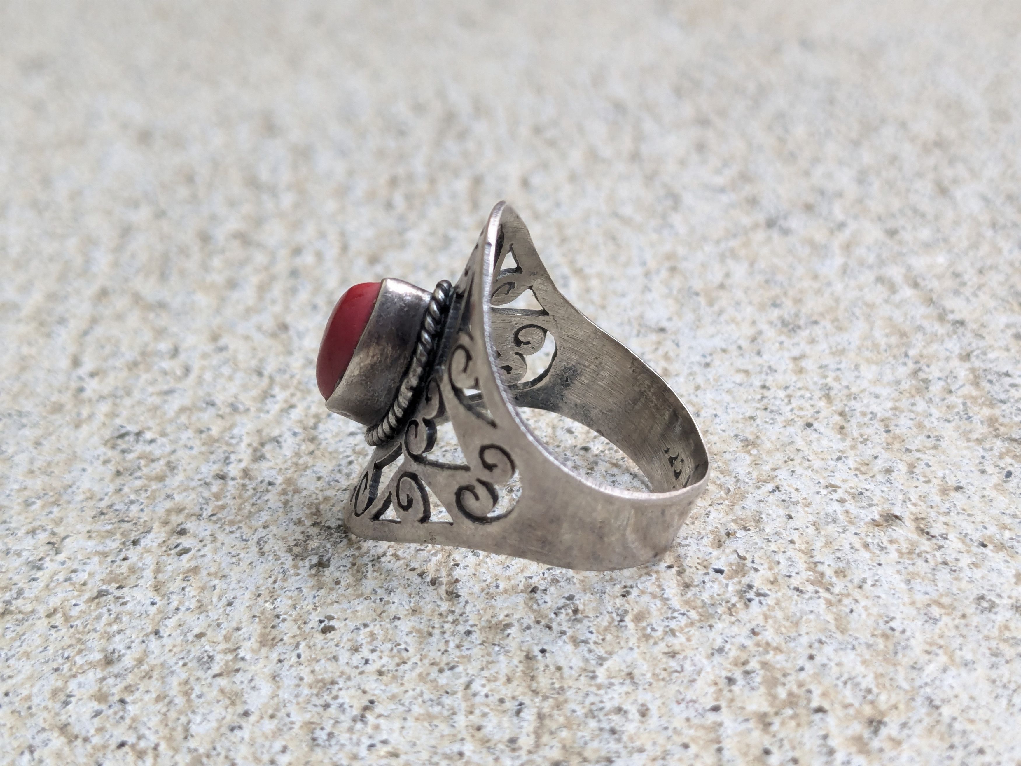 Jewelry × Sterling Silver Vintage Sterling Silver Ring 7.5 Red Coral Marquise Size ONE SIZE - 6 Thumbnail