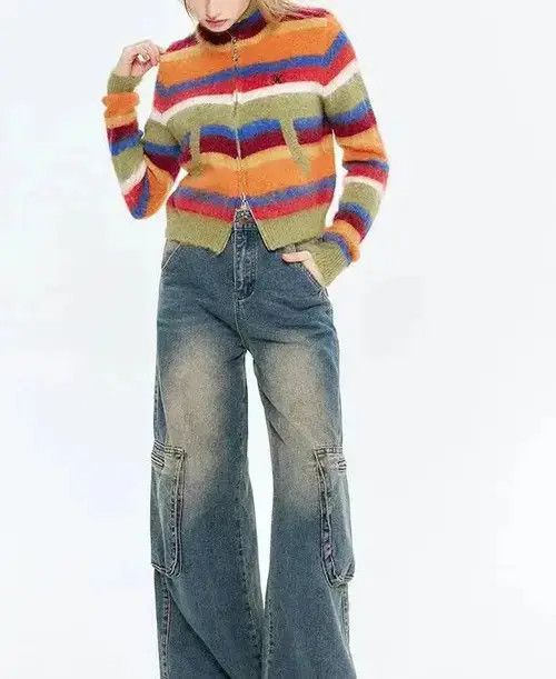 Designer Colorful Striped Zip Cardigan Sweater Size M / US 6-8 / IT 42-44 - 2 Thumbnail
