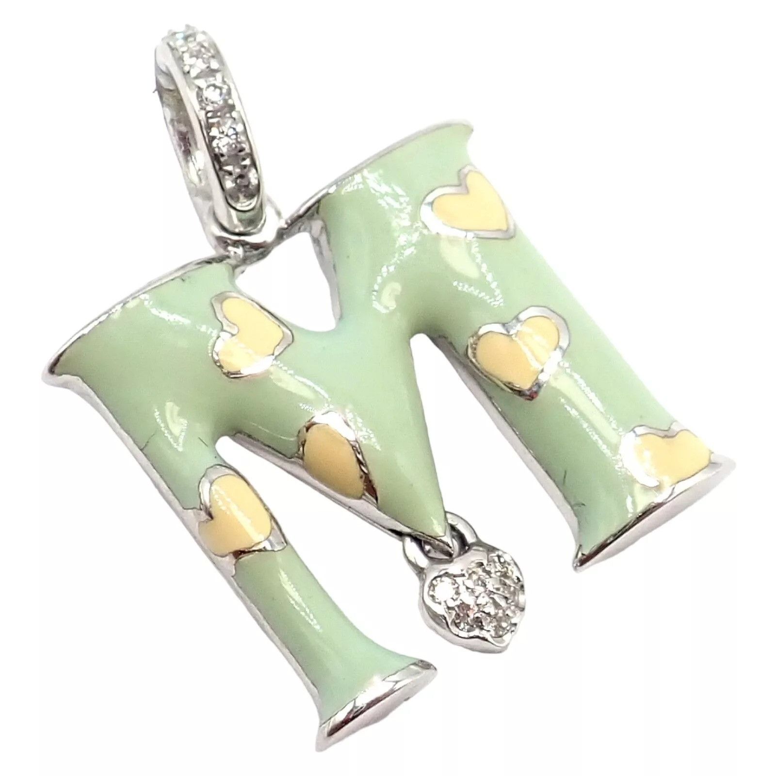 White Gold Diamond Green Enamel Baby M Initial Charm Pendant