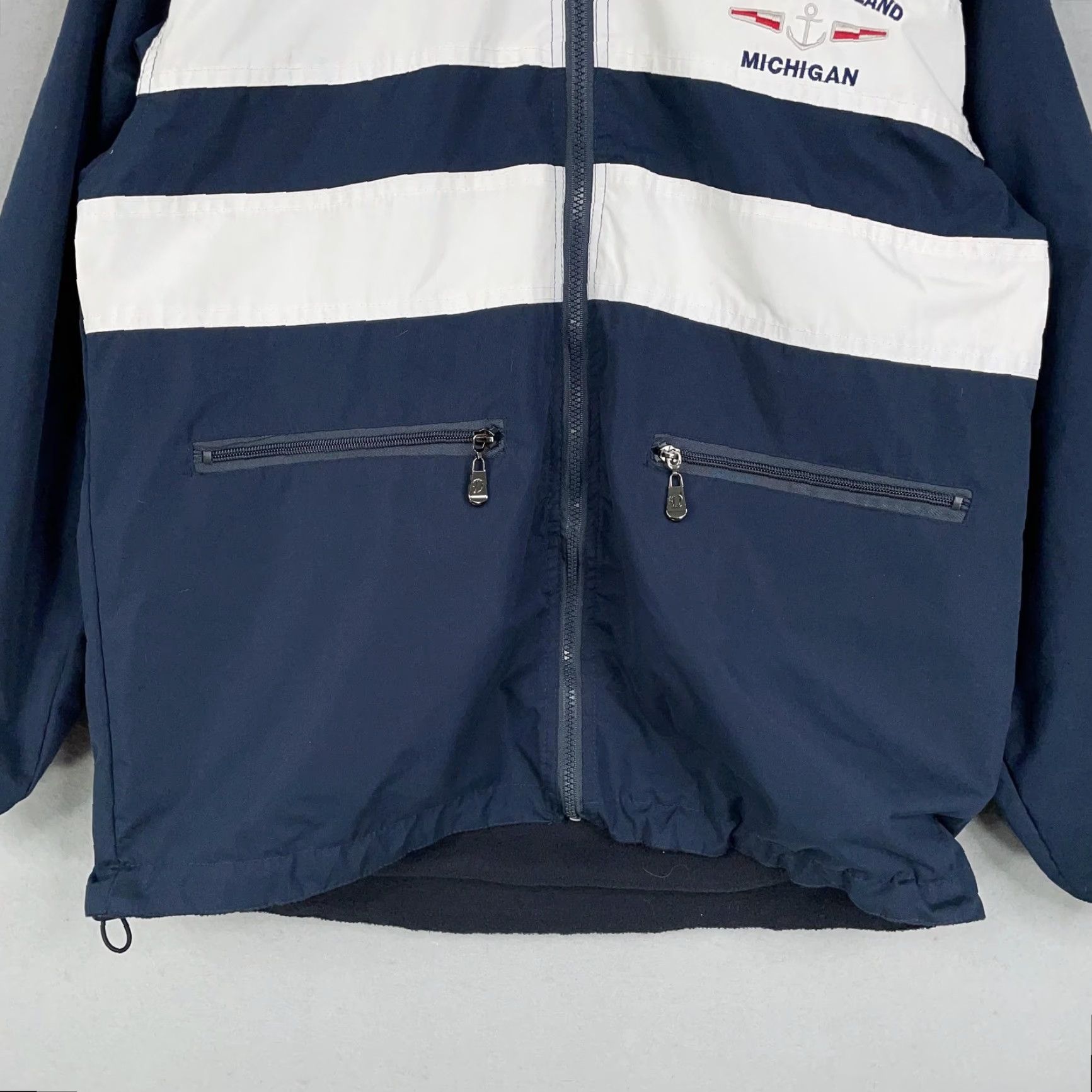Vintage Mackinac Island Michigan Jacket Mens Small Navy Hooded Windbreaker Rain Coat Zip Lined Water Resistant Dimco Apparel Navy Striped Front Zipper Pockets Size US S / EU 44-46 / 1 - 3 Thumbnail