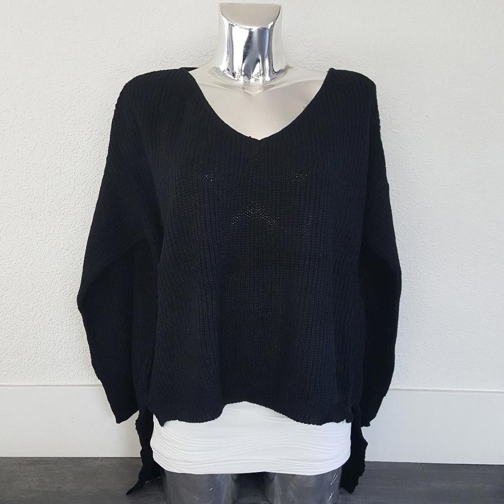 Designer Black High Low Sweater Long Sleeve Size ONE SIZE - 1 Thumbnail